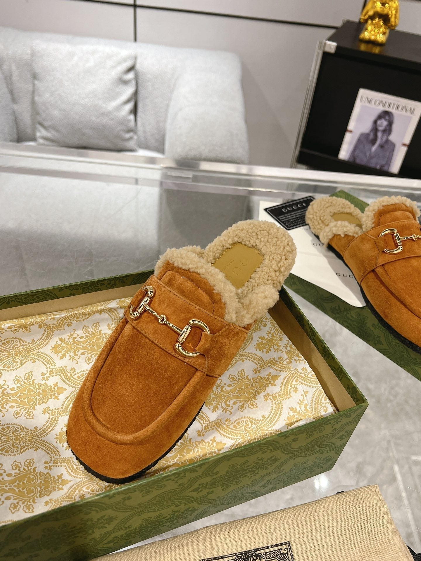 GUCCI HORSEBIT MULE IN BRONZE ORANGE SUEDE AND FLEECE LINING
