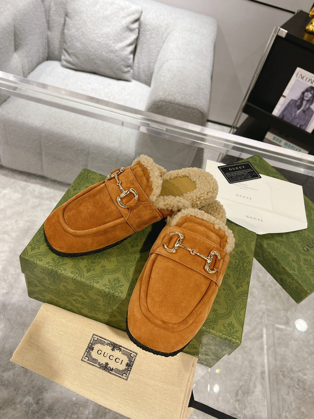 GUCCI HORSEBIT MULE IN BRONZE ORANGE SUEDE AND FLEECE LINING