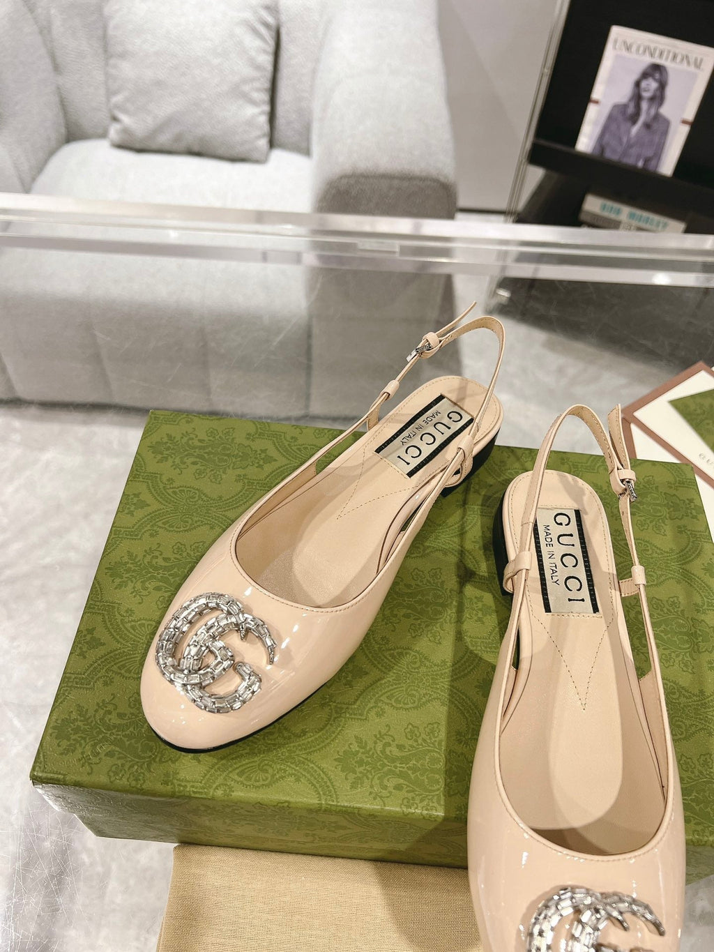 GUCCI METALIC SLINGBACK FLATS IN TAN BEIGE CALFSKIN