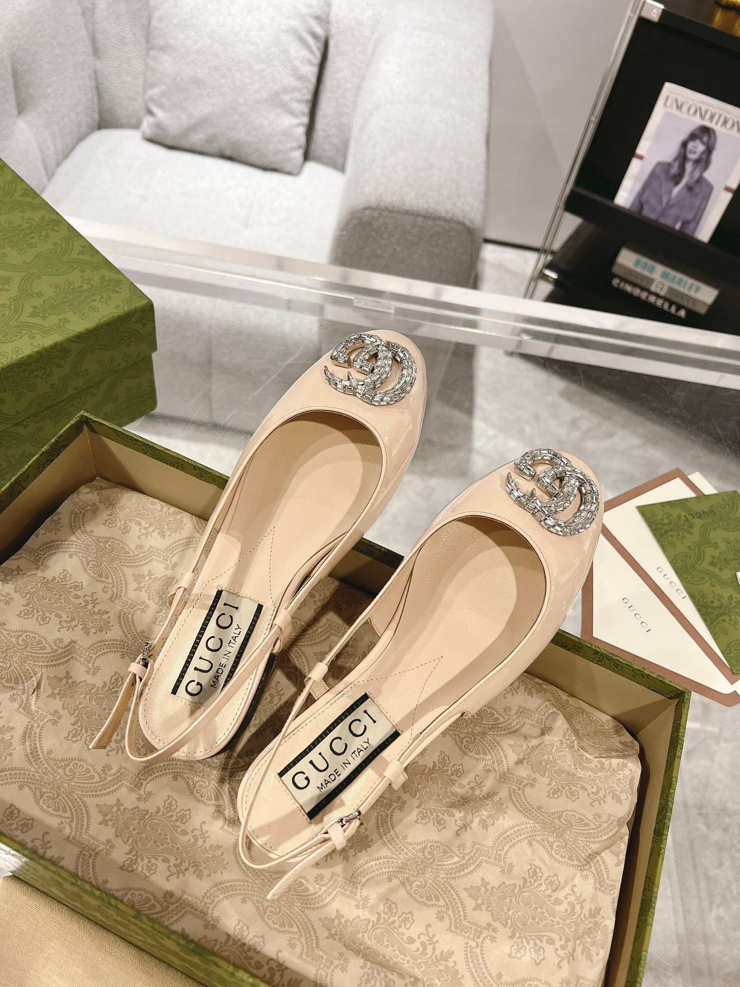 GUCCI CRYSTALS SLINGBACK BALLET CREAM CALFSKIN