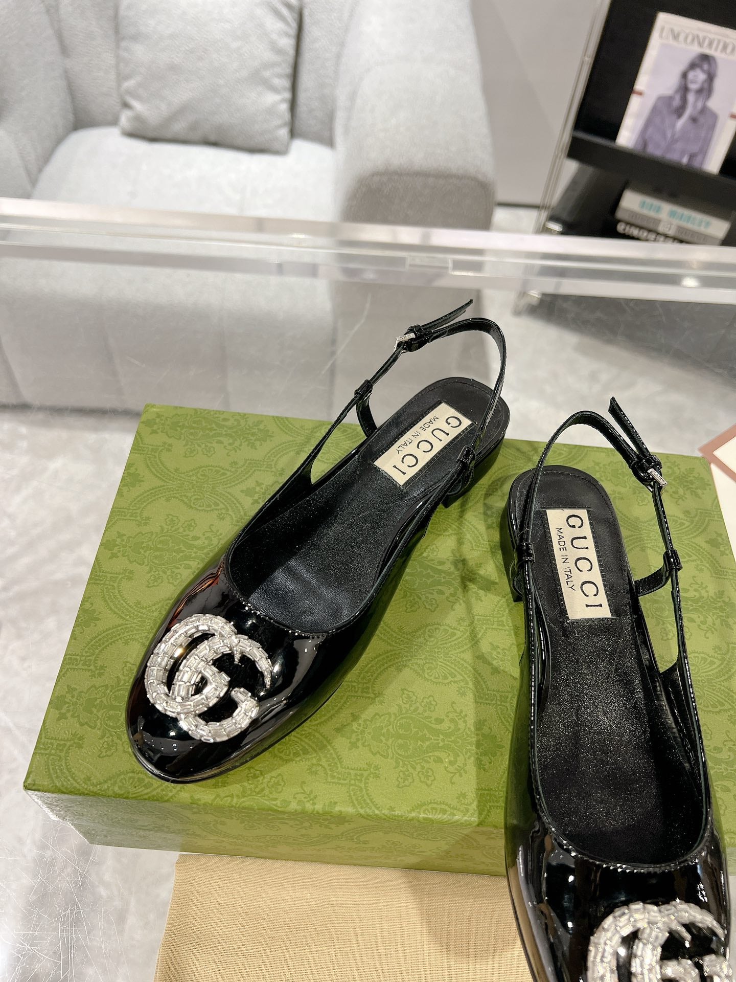 GUCCI METALIC SLINGBACK FLATS IN BLACK CALFSKIN
