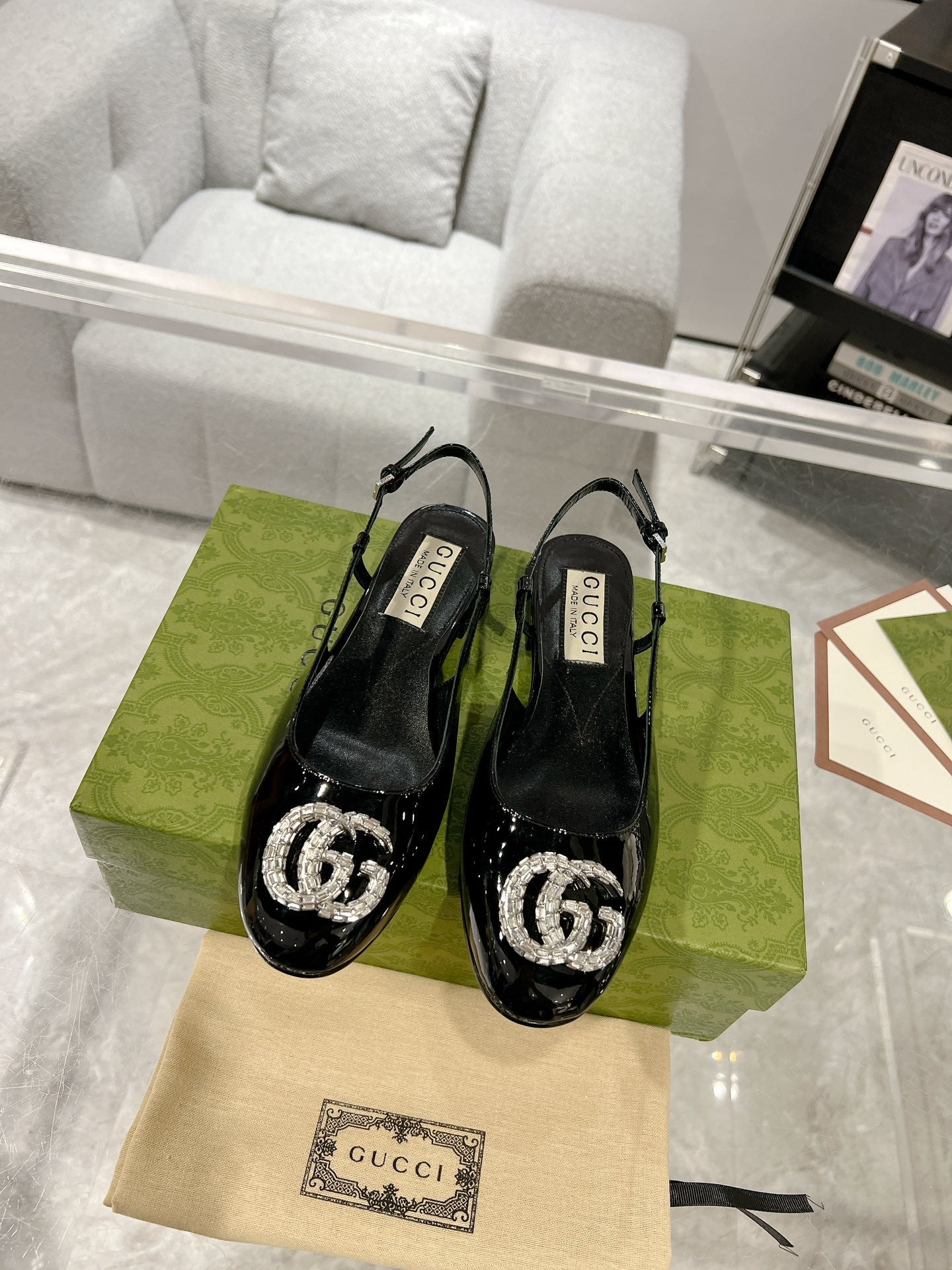 GUCCI METALIC SLINGBACK FLATS IN BLACK CALFSKIN