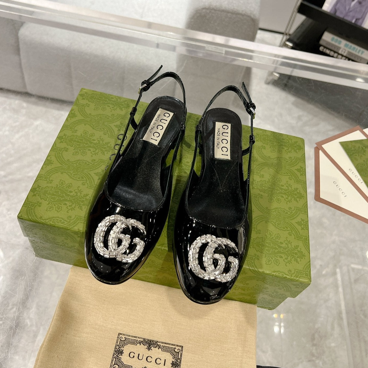 GUCCI CRYSTALS SLINGBACK BALLET BLACK CALFSKIN