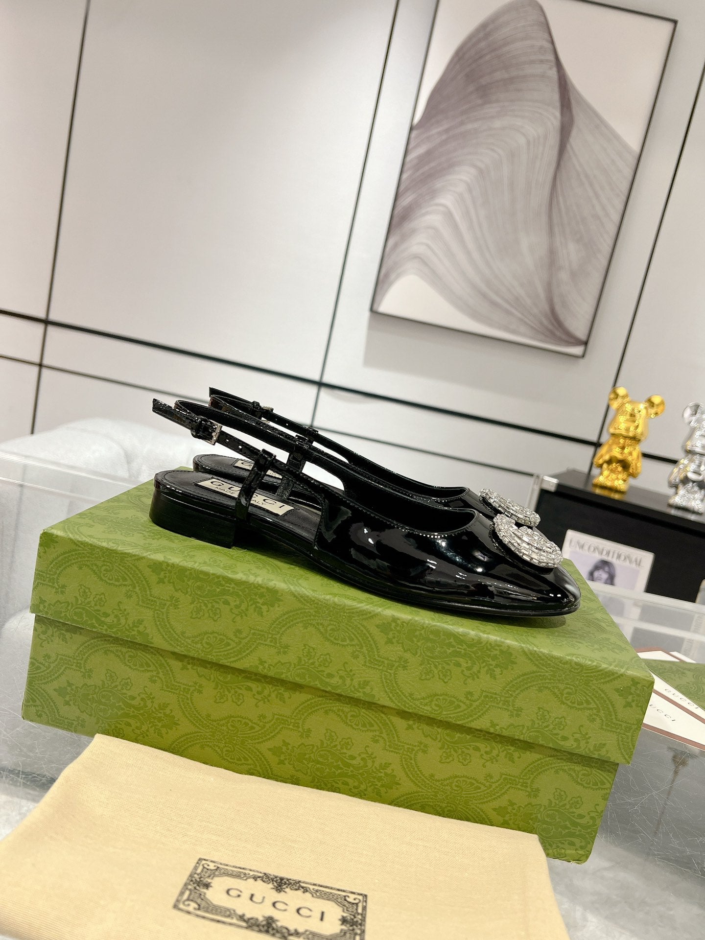 GUCCI CRYSTALS SLINGBACK BALLET BLACK CALFSKIN