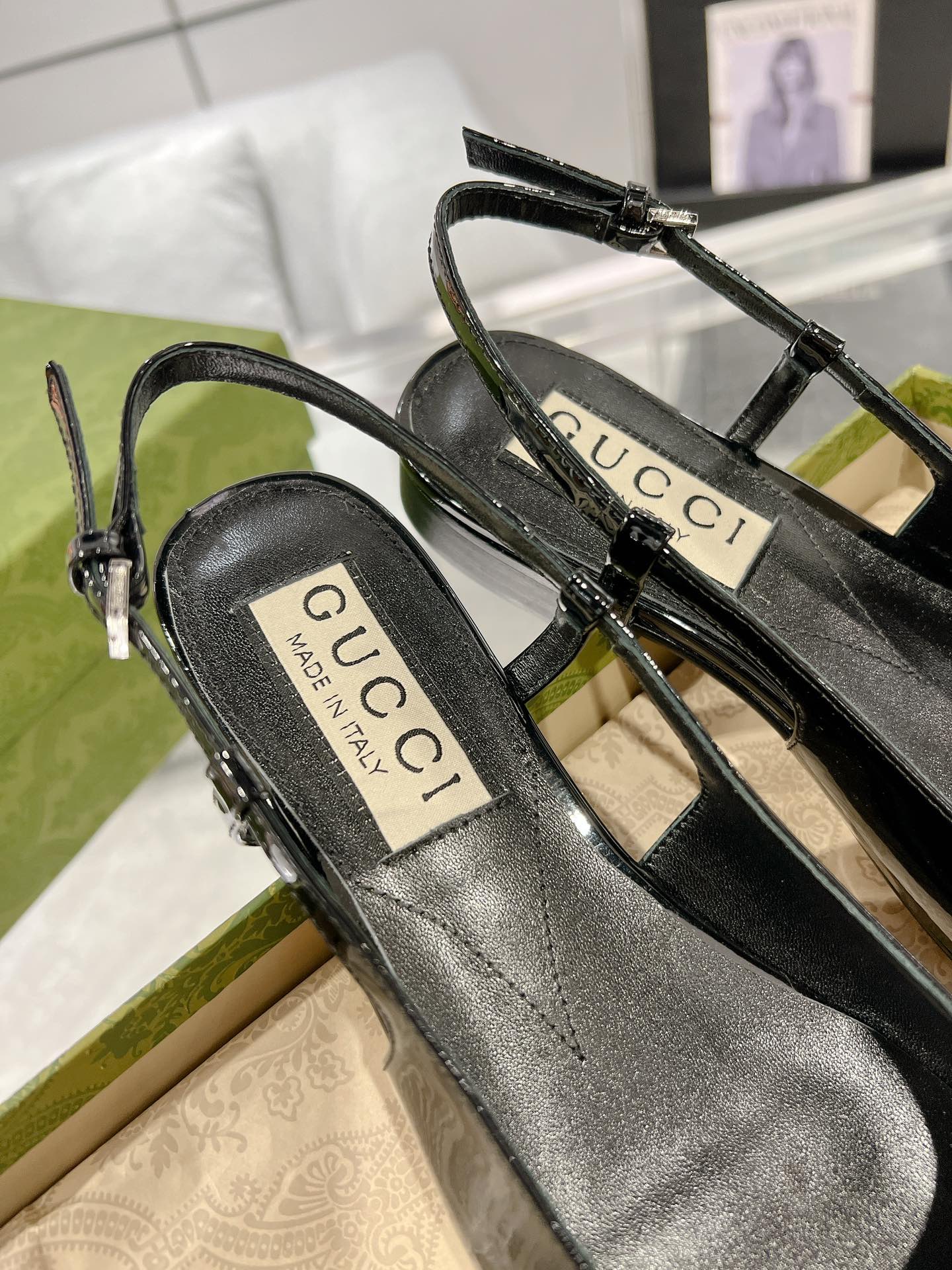GUCCI CRYSTALS SLINGBACK BALLET BLACK CALFSKIN