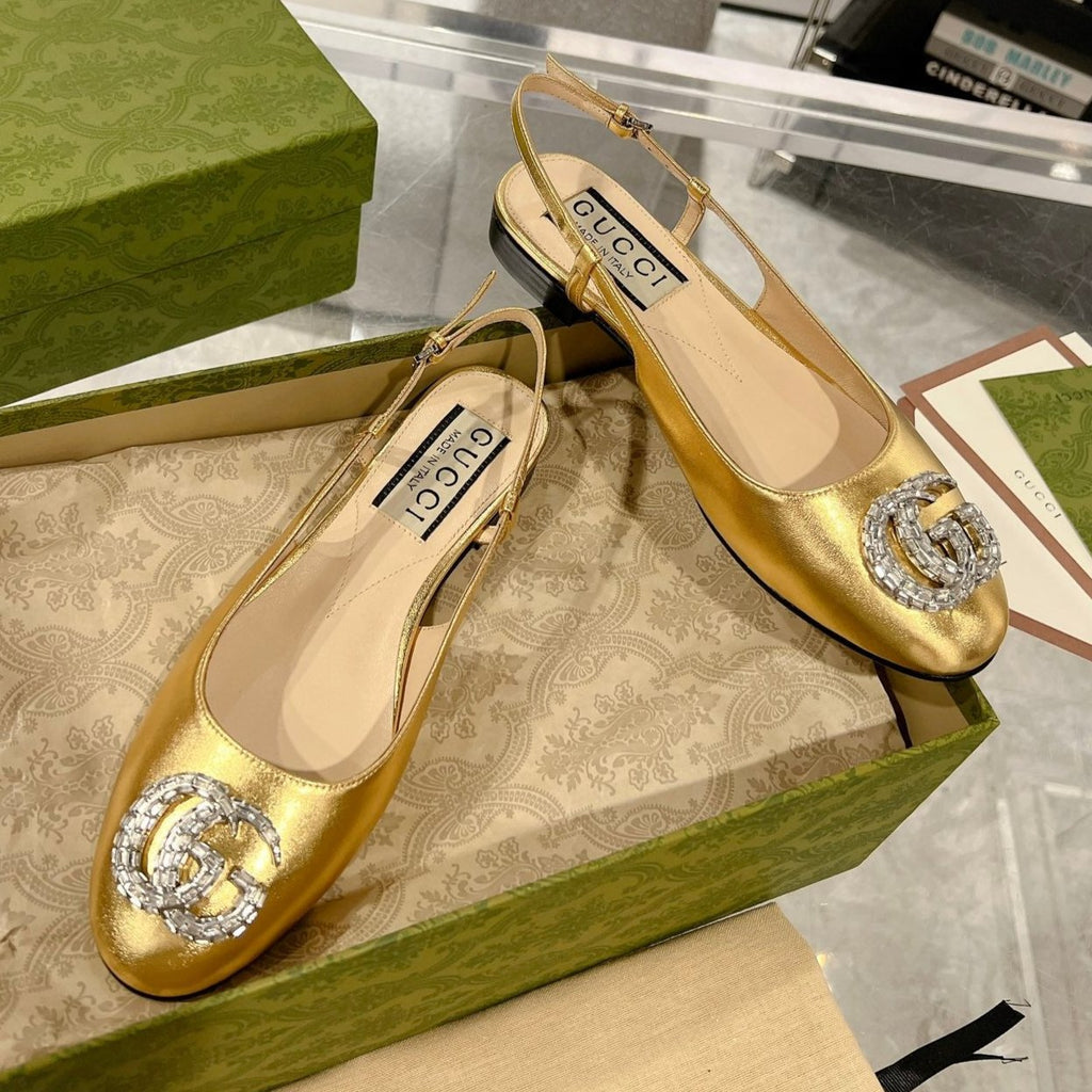 GUCCI METALIC SLINGBACK FLATS IN GOLD CALFSKIN