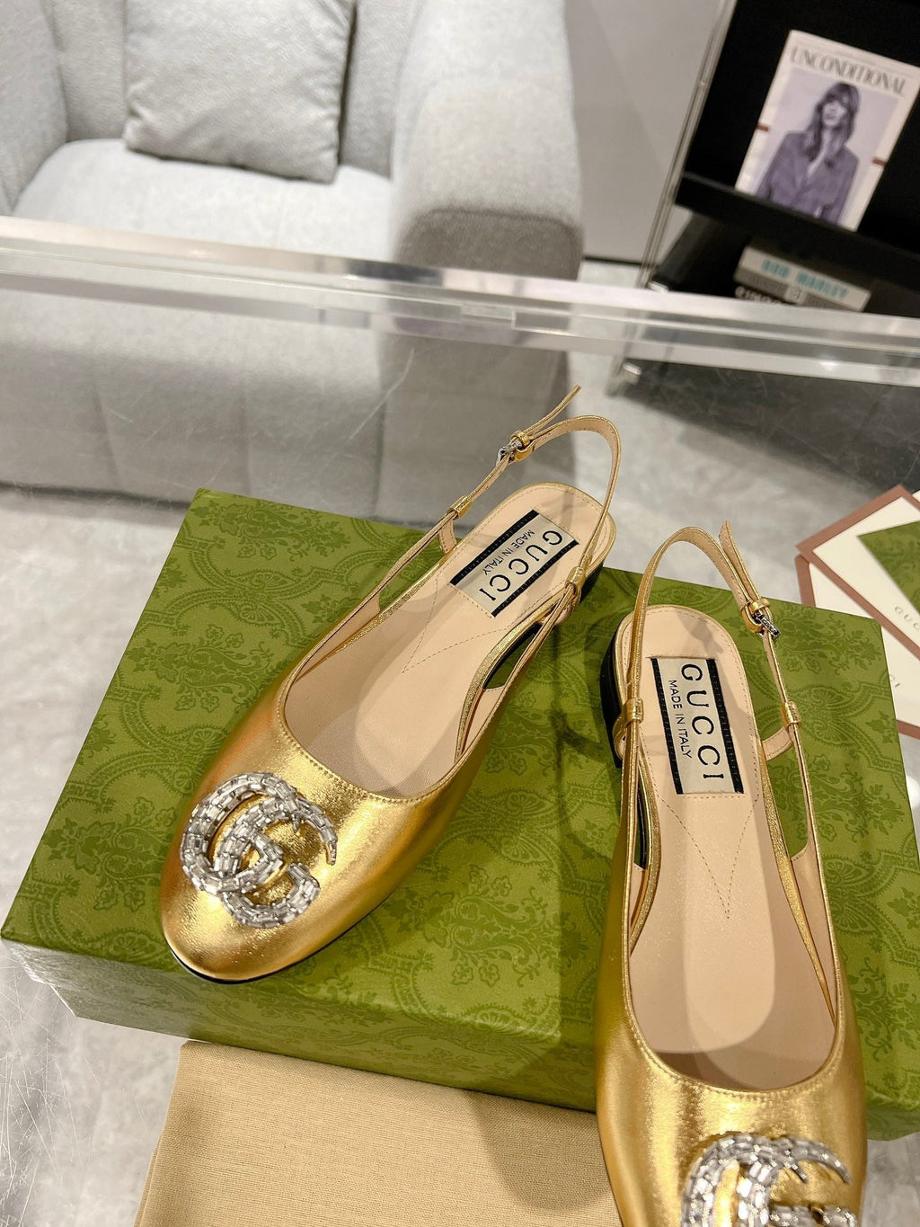 GUCCI METALIC SLINGBACK FLATS IN GOLD CALFSKIN