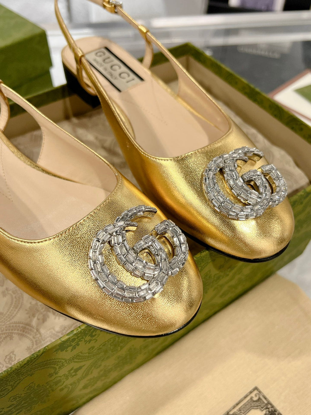 GUCCI CRYSTALS SLINGBACK BALLET METALLIC GOLD CALFSKIN