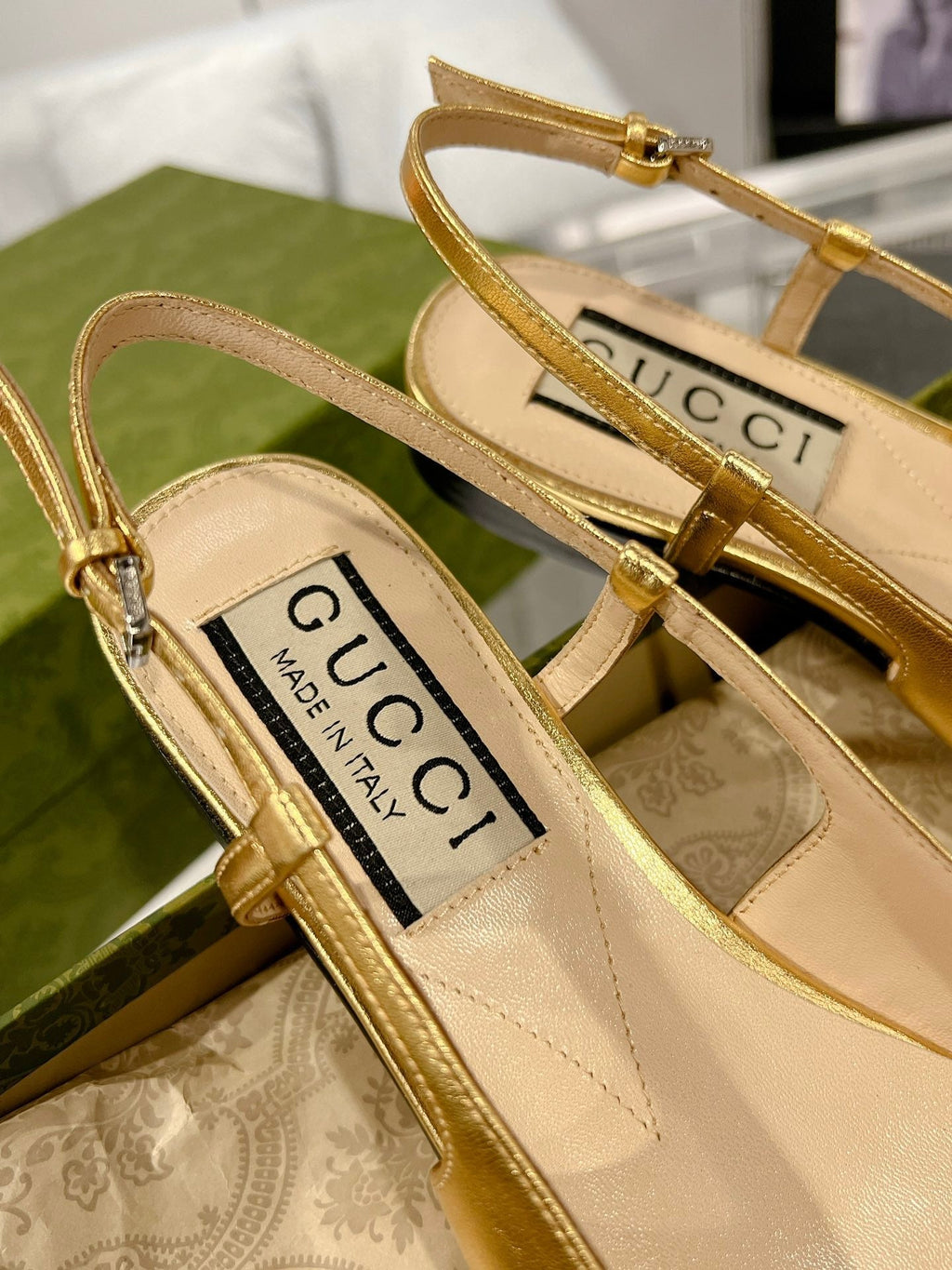 GUCCI CRYSTALS SLINGBACK BALLET METALLIC GOLD CALFSKIN