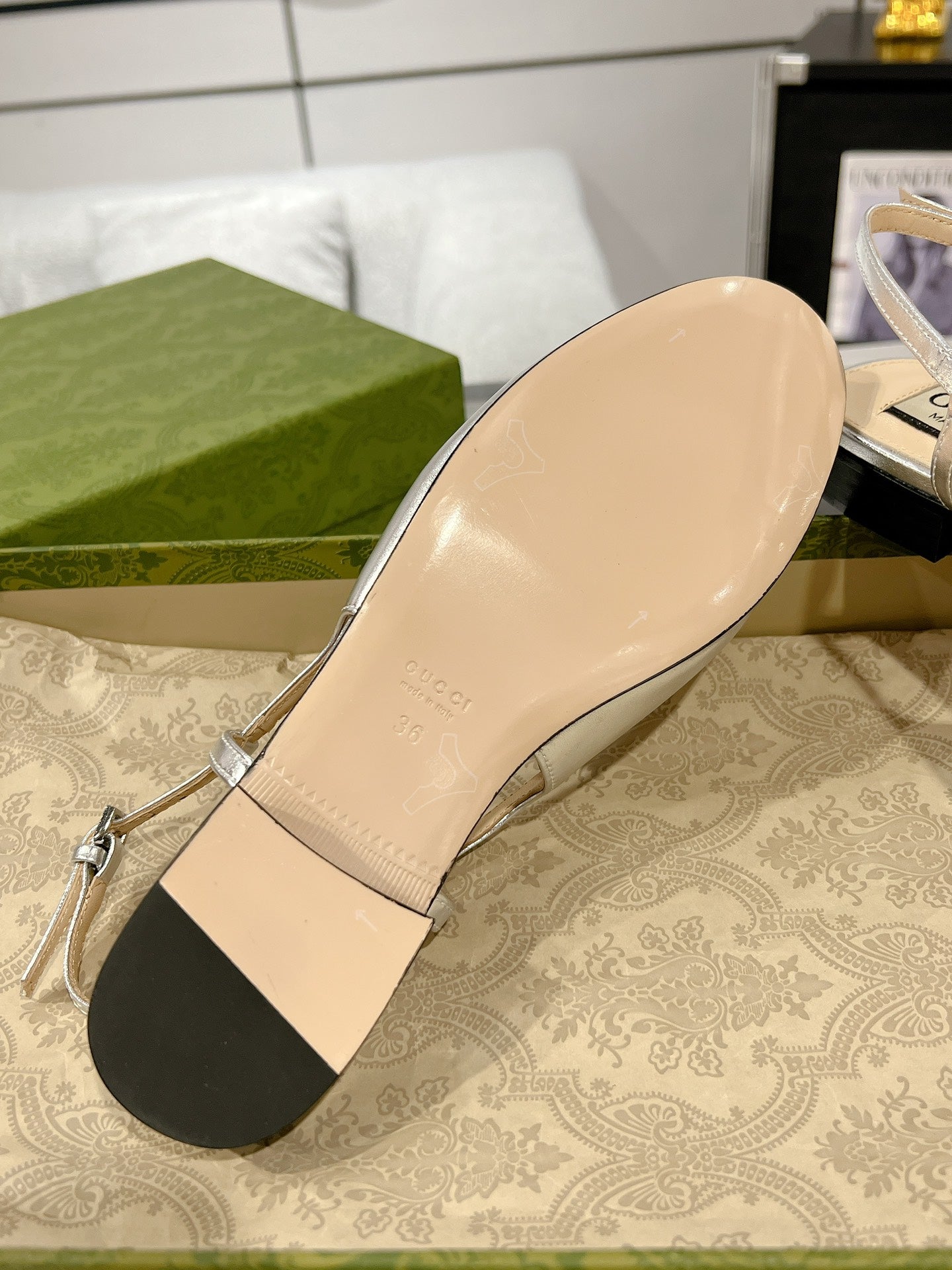 GUCCI CRYSTALS SLINGBACK BALLET SILVER CALFSKIN