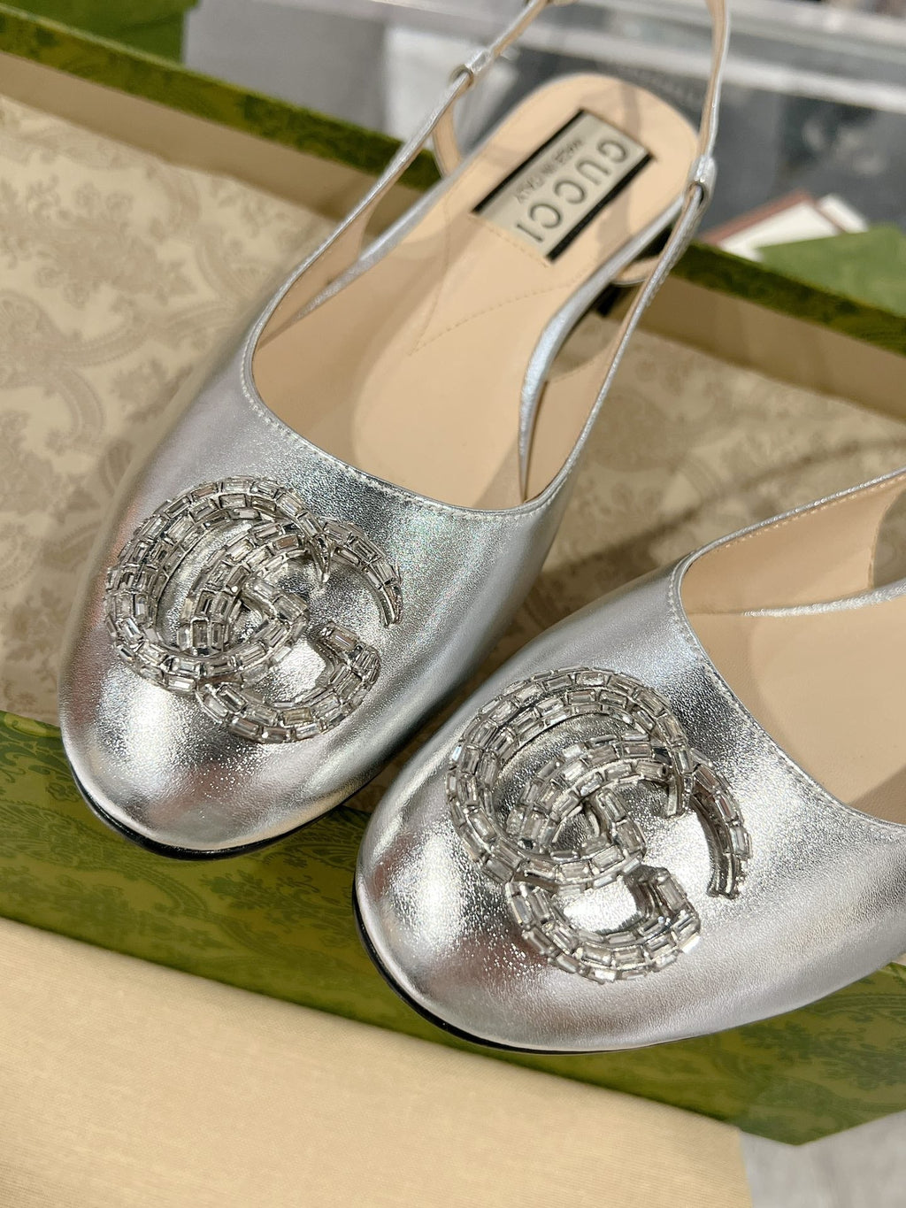 GUCCI CRYSTALS SLINGBACK BALLET SILVER CALFSKIN