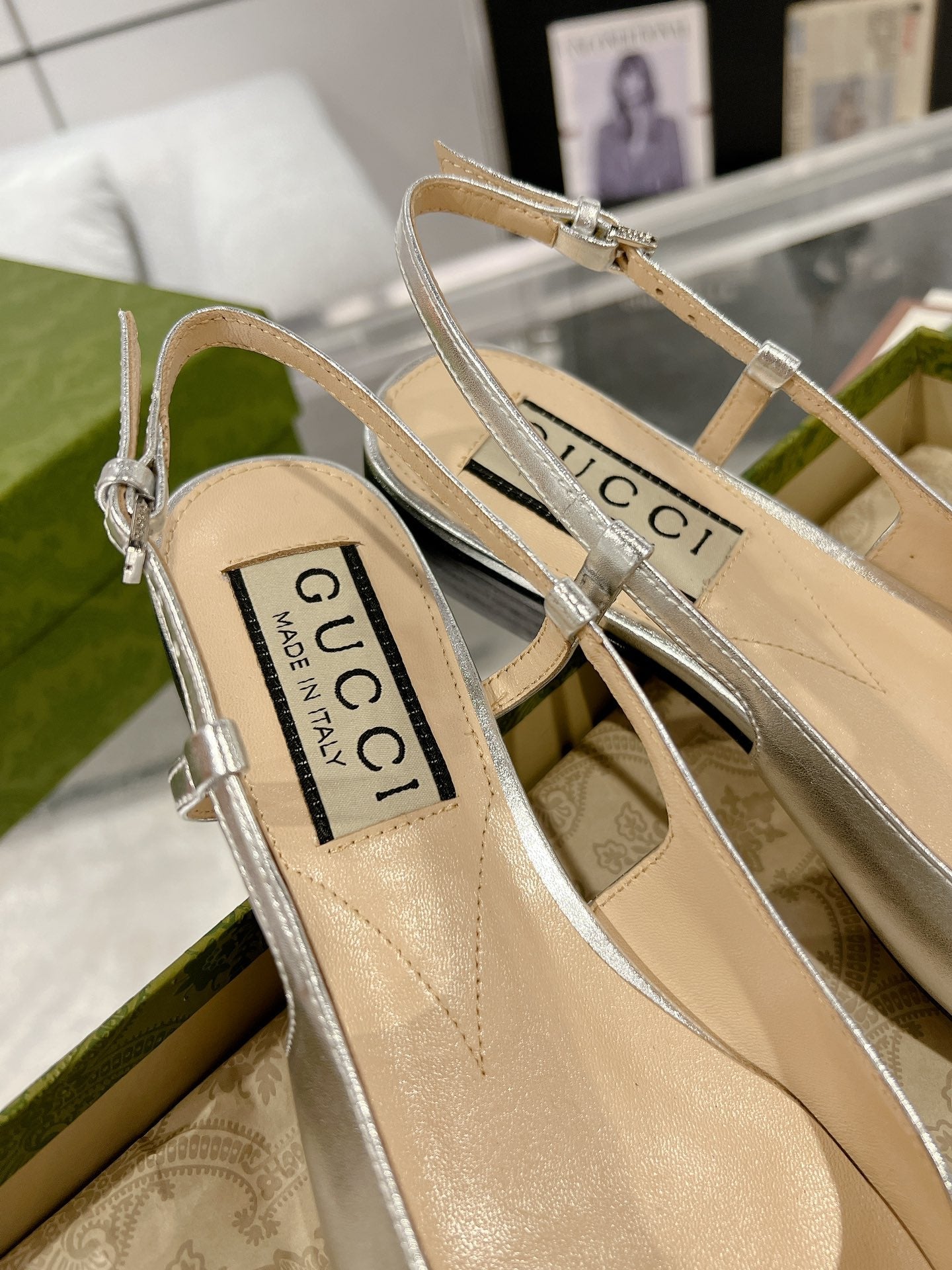 GUCCI CRYSTALS SLINGBACK BALLET SILVER CALFSKIN