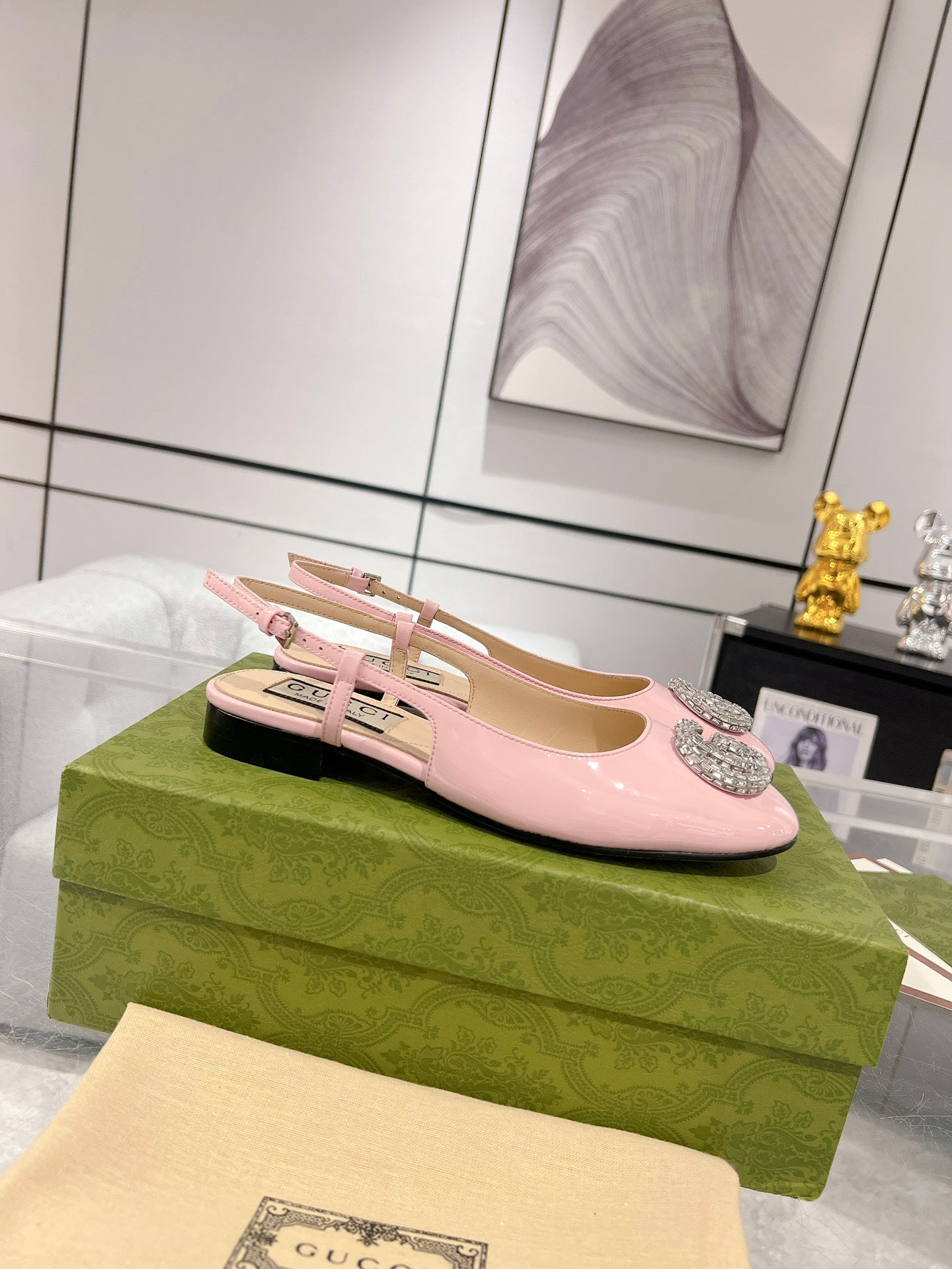 GUCCI METALIC SLINGBACK FLATS IN ROSE PINK CALFSKIN
