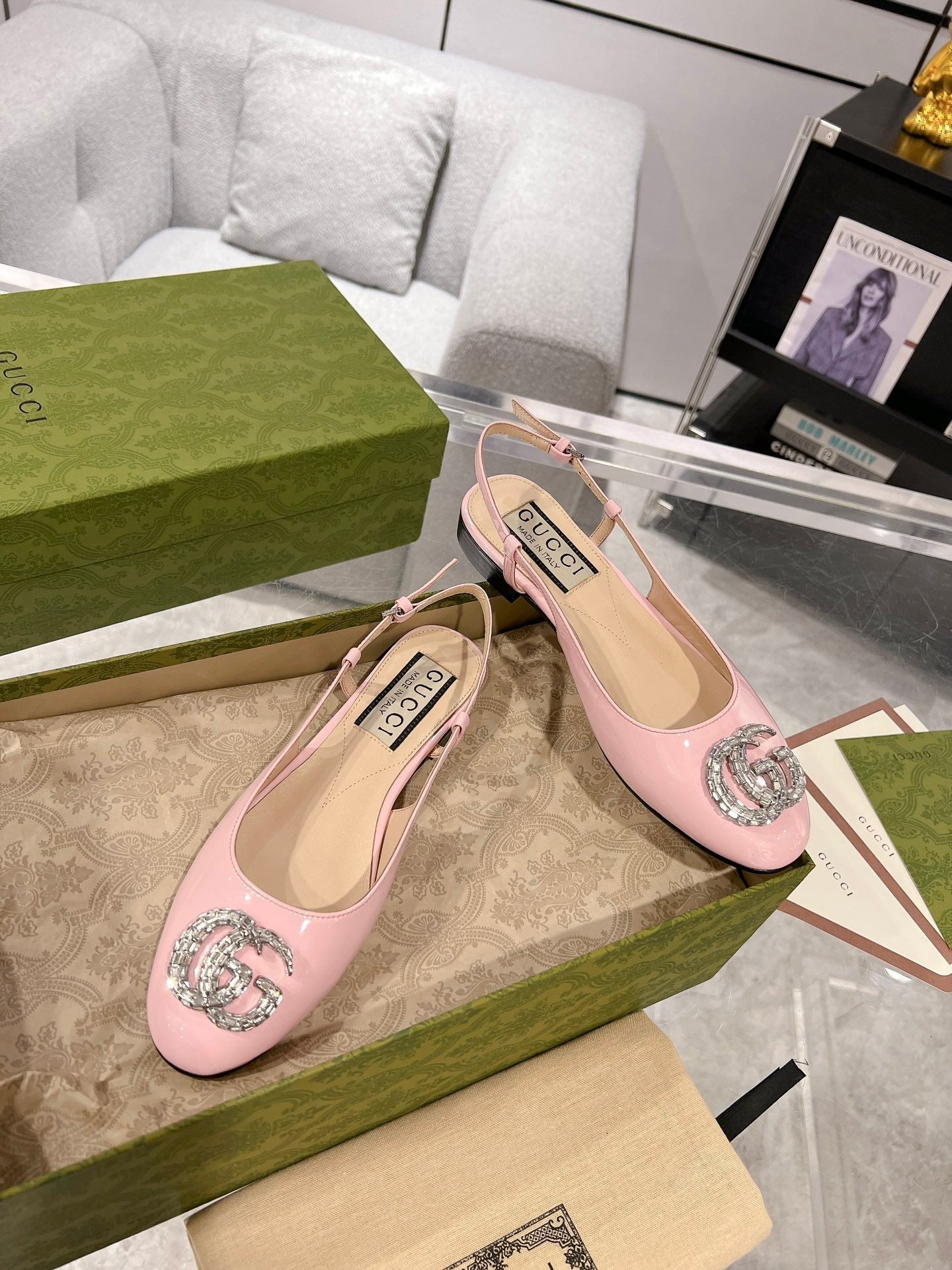 GUCCI CRYSTALS SLINGBACK BALLET LIGHT PINK CALFSKIN
