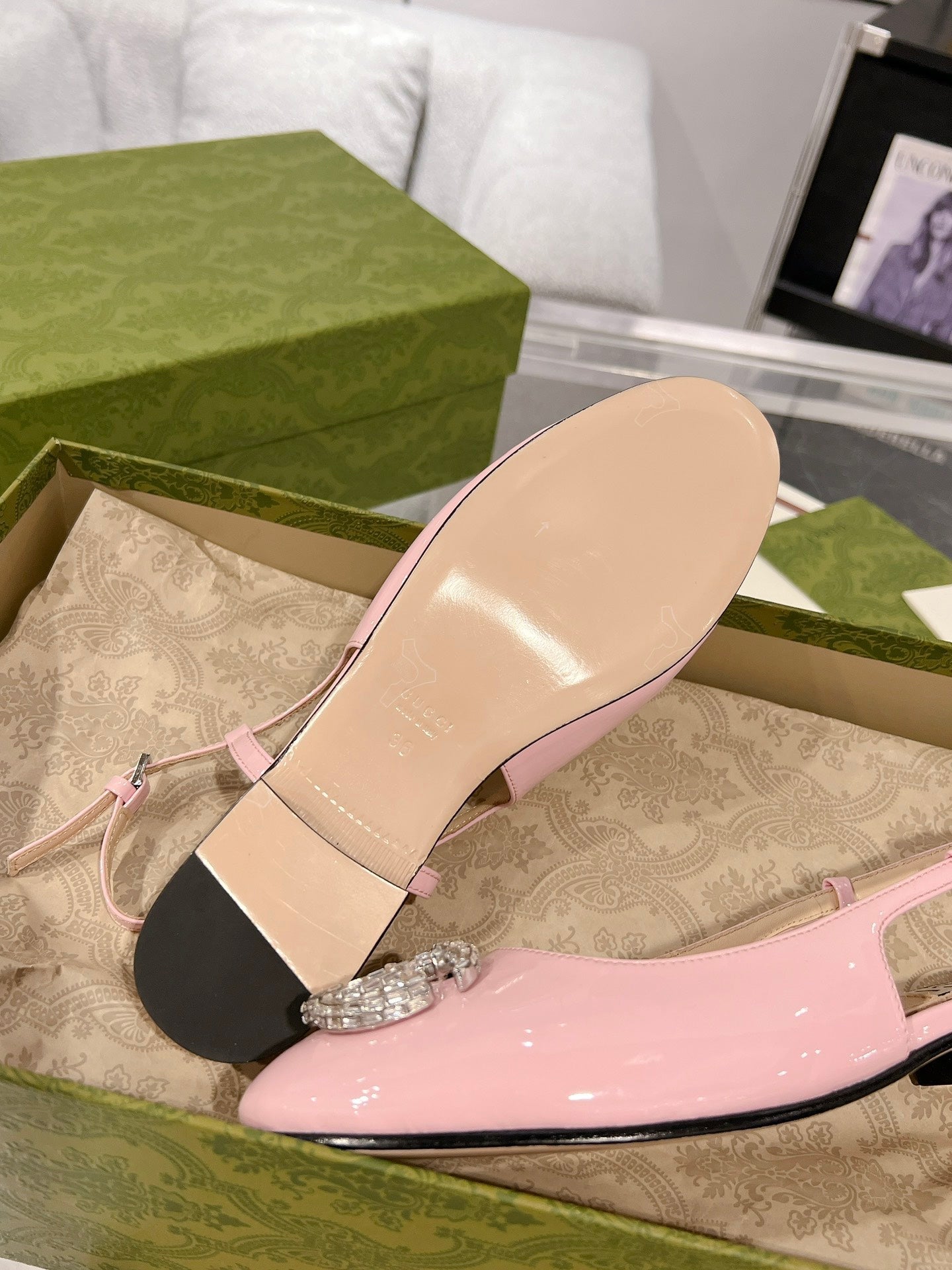 GUCCI METALIC SLINGBACK FLATS IN ROSE PINK CALFSKIN