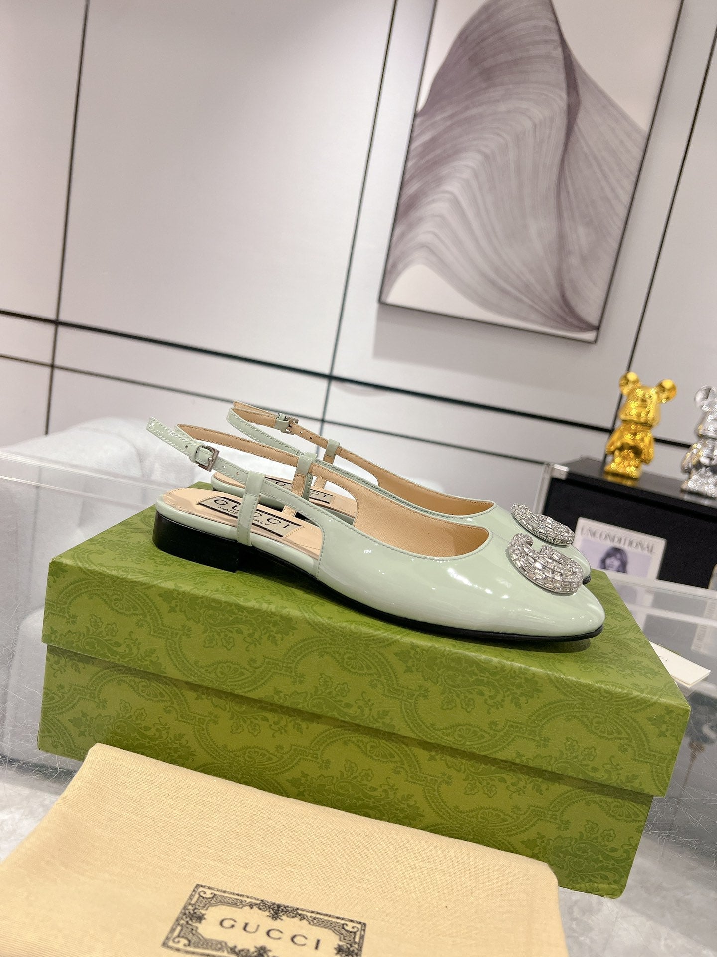 GUCCI CRYSTALS SLINGBACK BALLET SAGE CALFSKIN