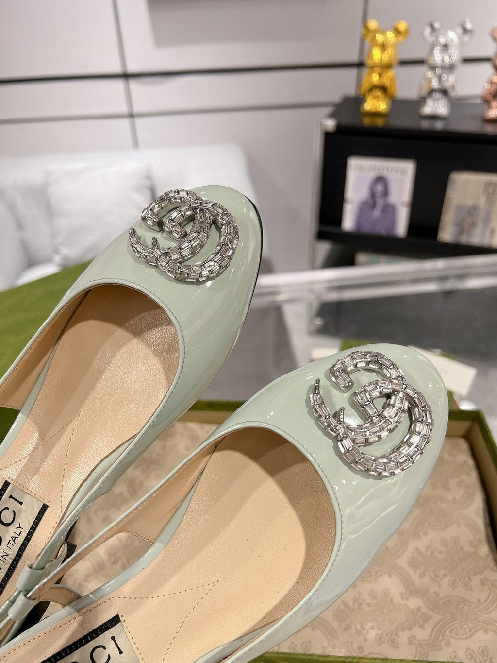GUCCI METALIC SLINGBACK FLATS IN PISTACHIO GREEN CALFSKIN