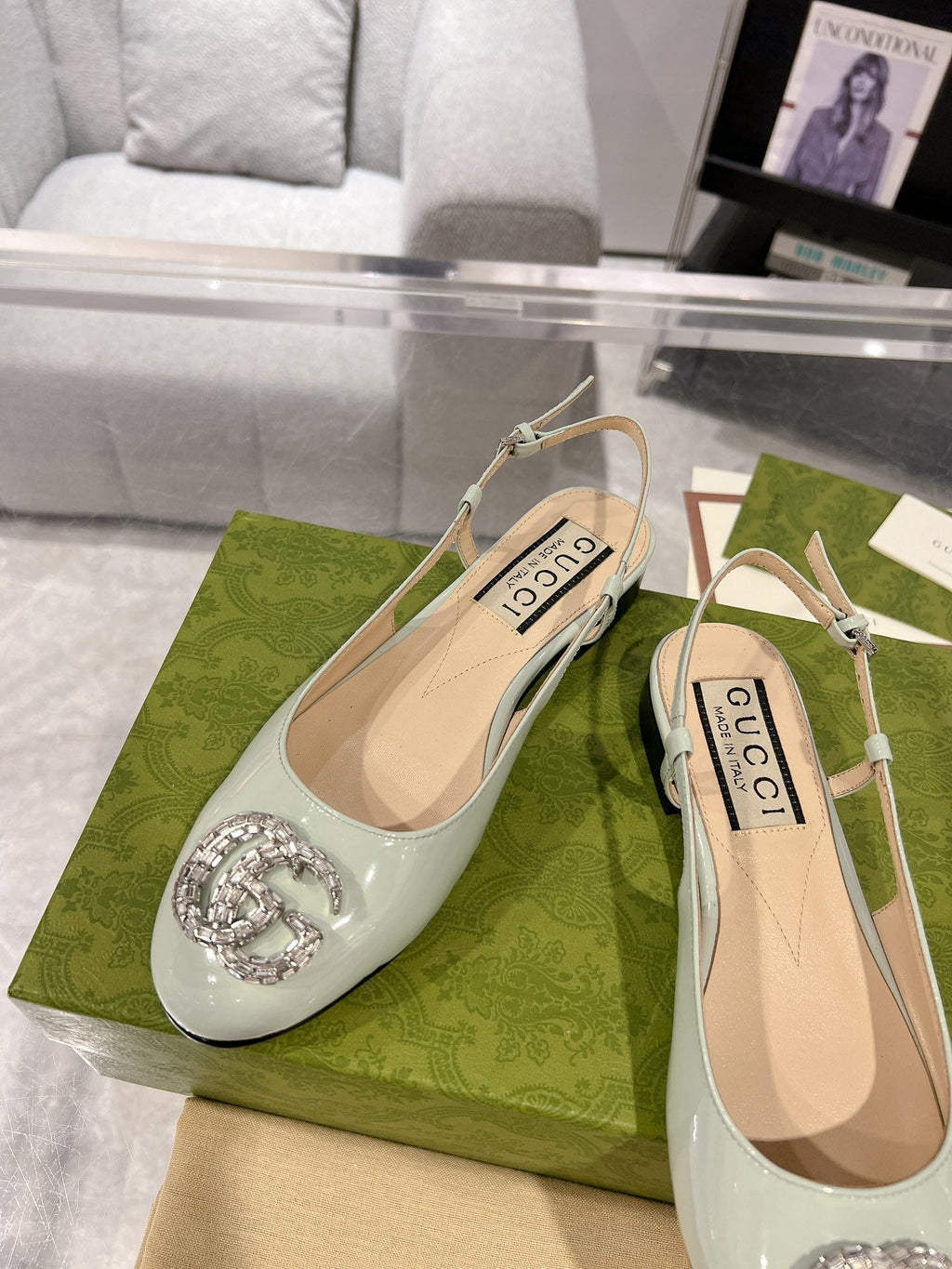 GUCCI METALIC SLINGBACK FLATS IN PISTACHIO GREEN CALFSKIN