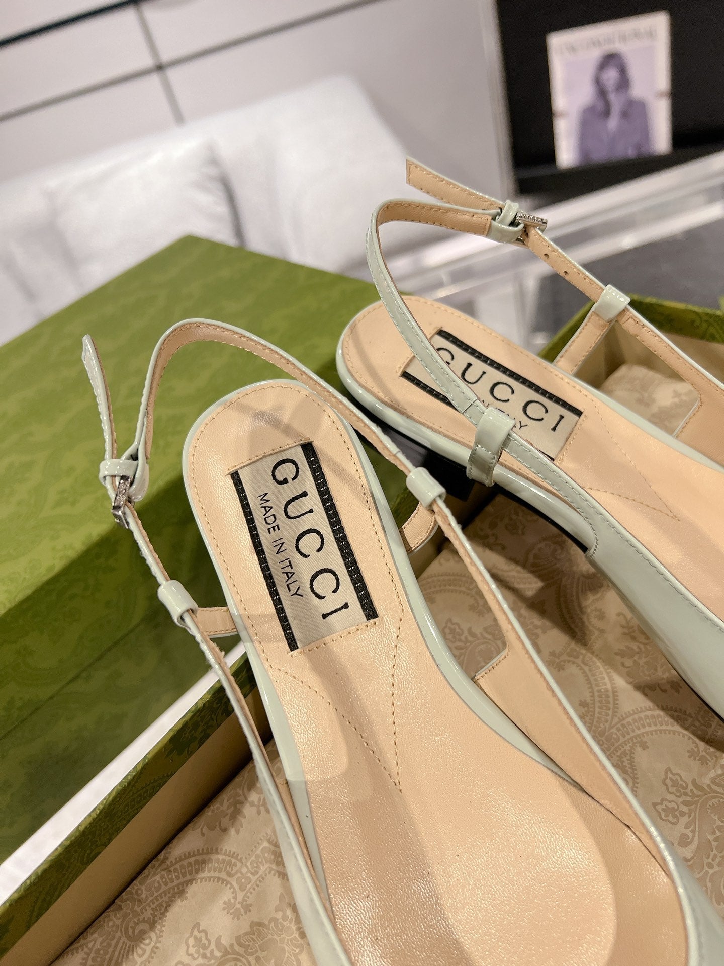 GUCCI CRYSTALS SLINGBACK BALLET SAGE CALFSKIN