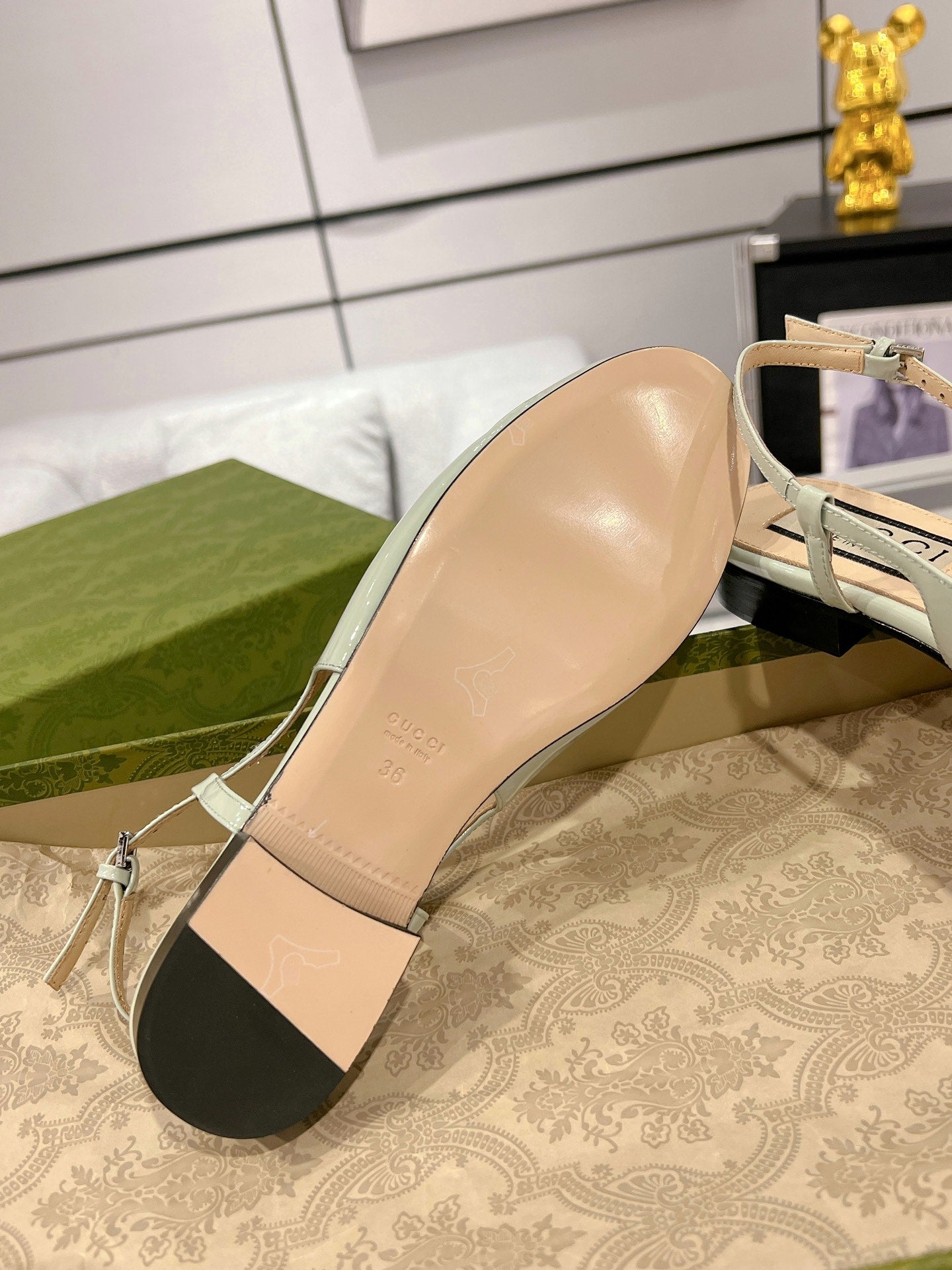 GUCCI CRYSTALS SLINGBACK BALLET SAGE CALFSKIN
