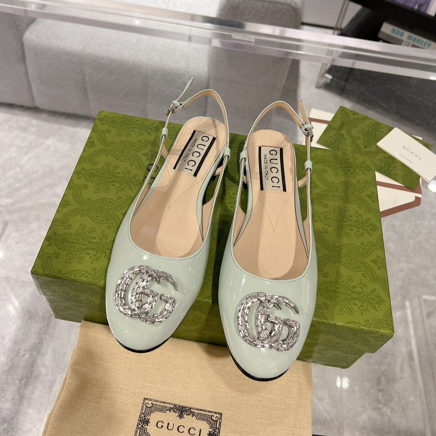 GUCCI CRYSTALS SLINGBACK BALLET SAGE CALFSKIN