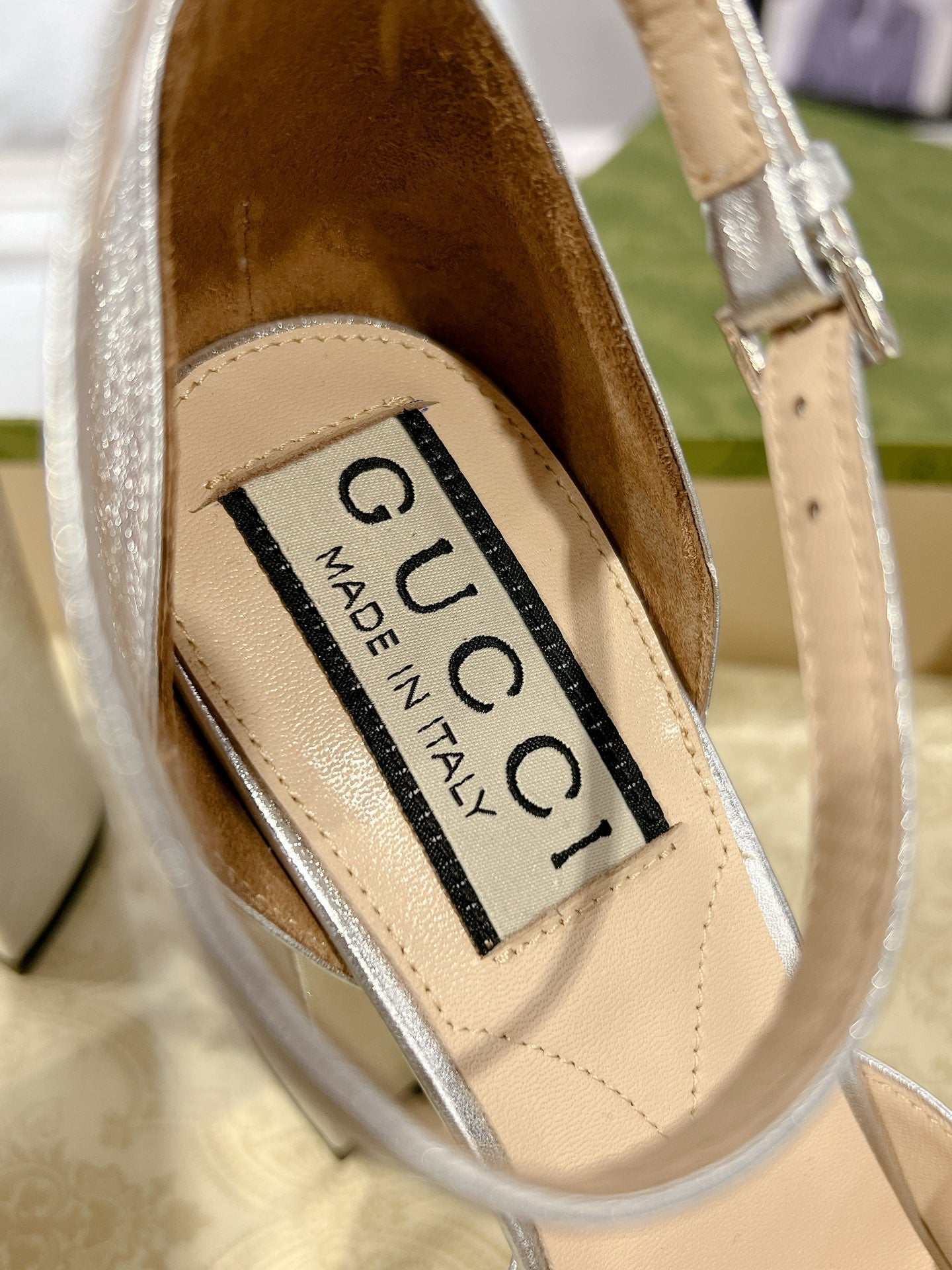 GUCCI HIGH SANDAL SQUARE HEEL 12 CM IN SILVER CALFSKIN