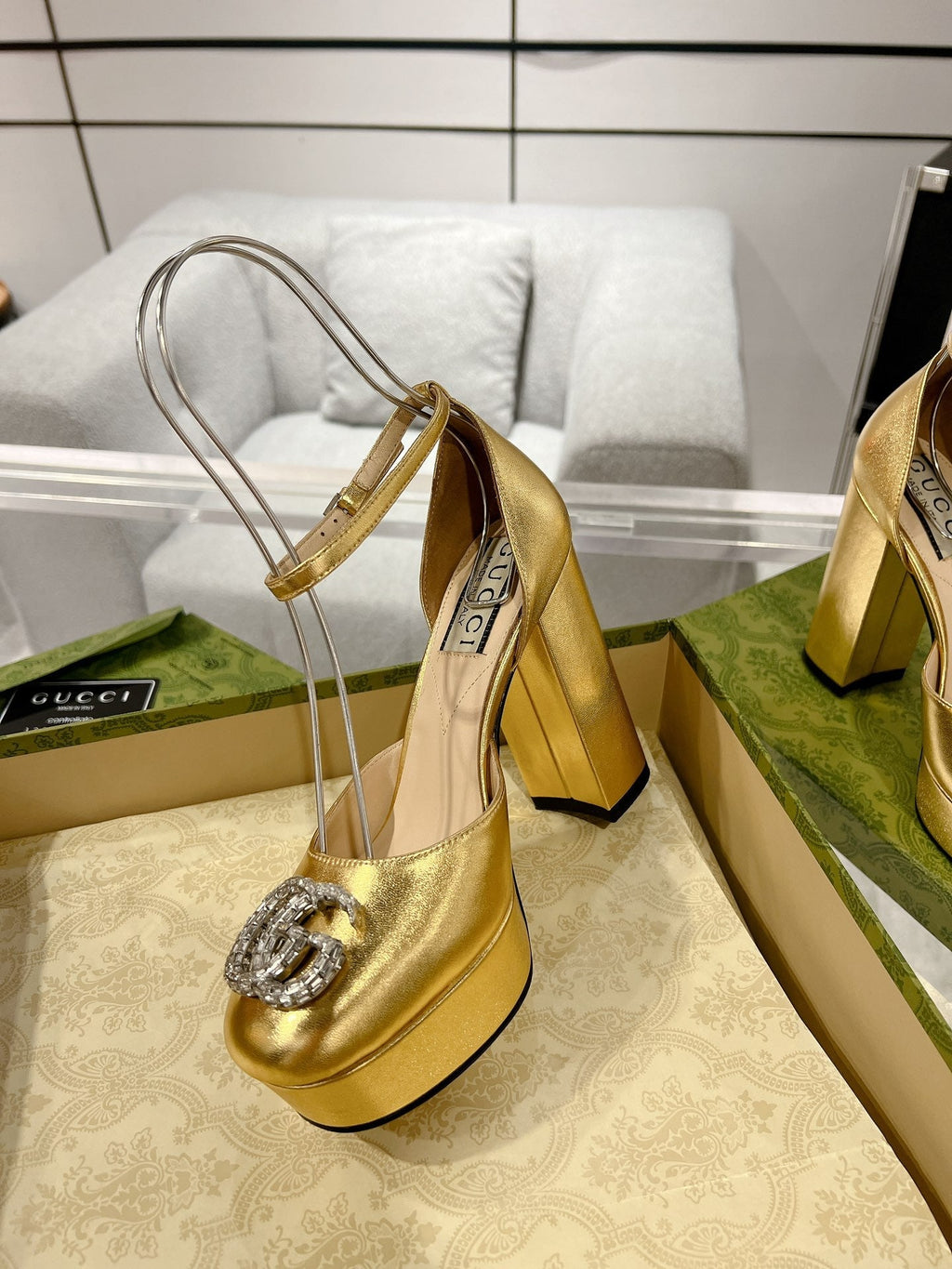 GUCCI CRYSTALS PLATFORM PUMPS METALLIC GOLD CALFSKIN
