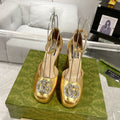 GUCCI CRYSTALS PLATFORM PUMPS METALLIC GOLD CALFSKIN