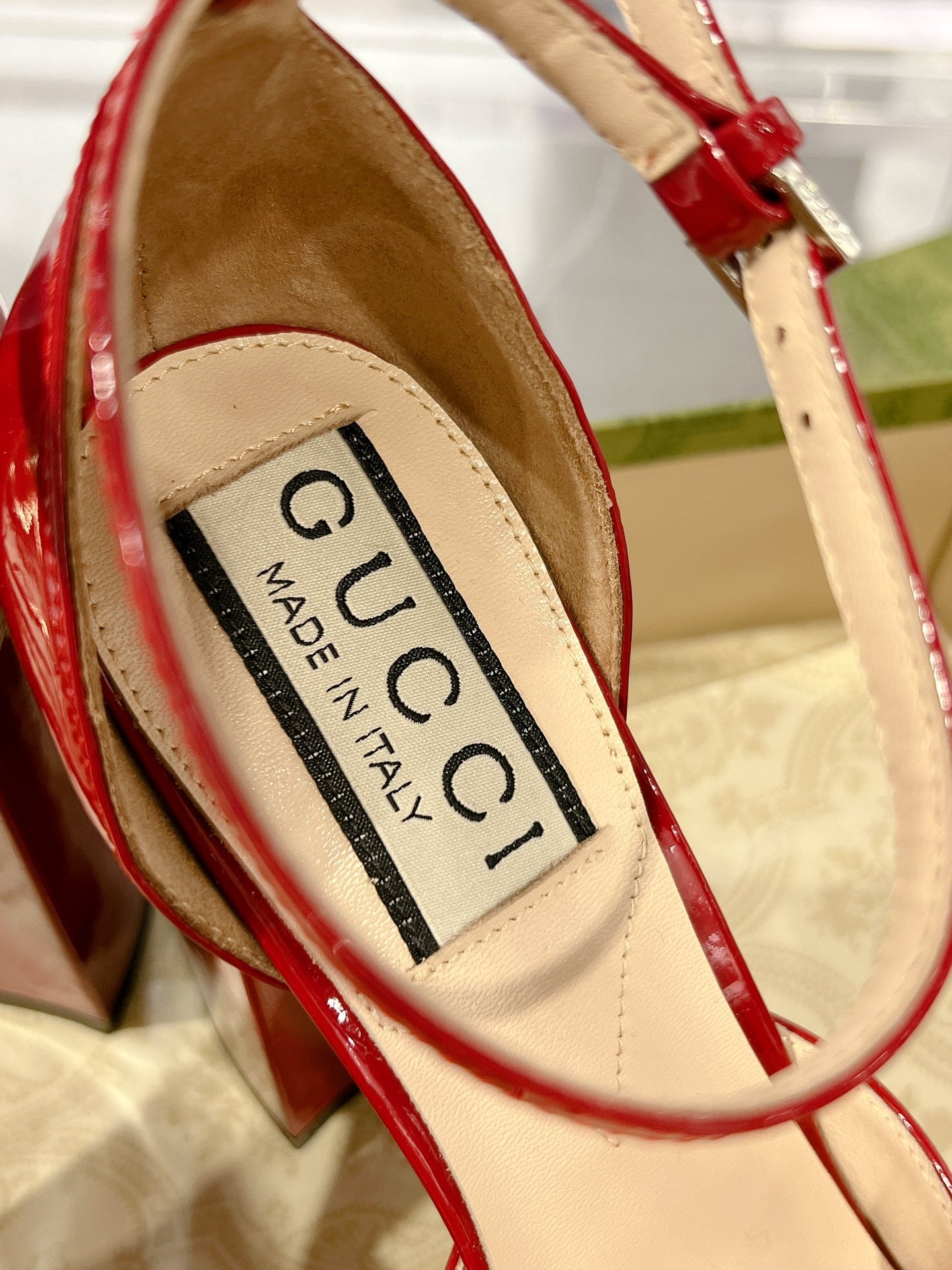 GUCCI CRYSTALS PLATFORM PUMPS SCARLET CALFSKIN