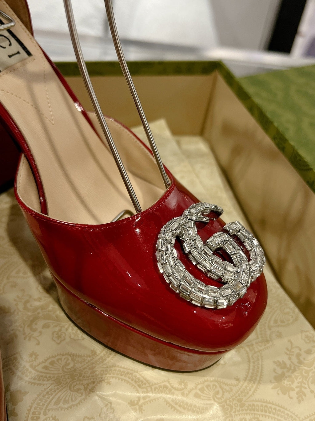 GUCCI HIGH SANDAL SQUARE HEEL 12 CM IN CHERRY RED CALFSKIN