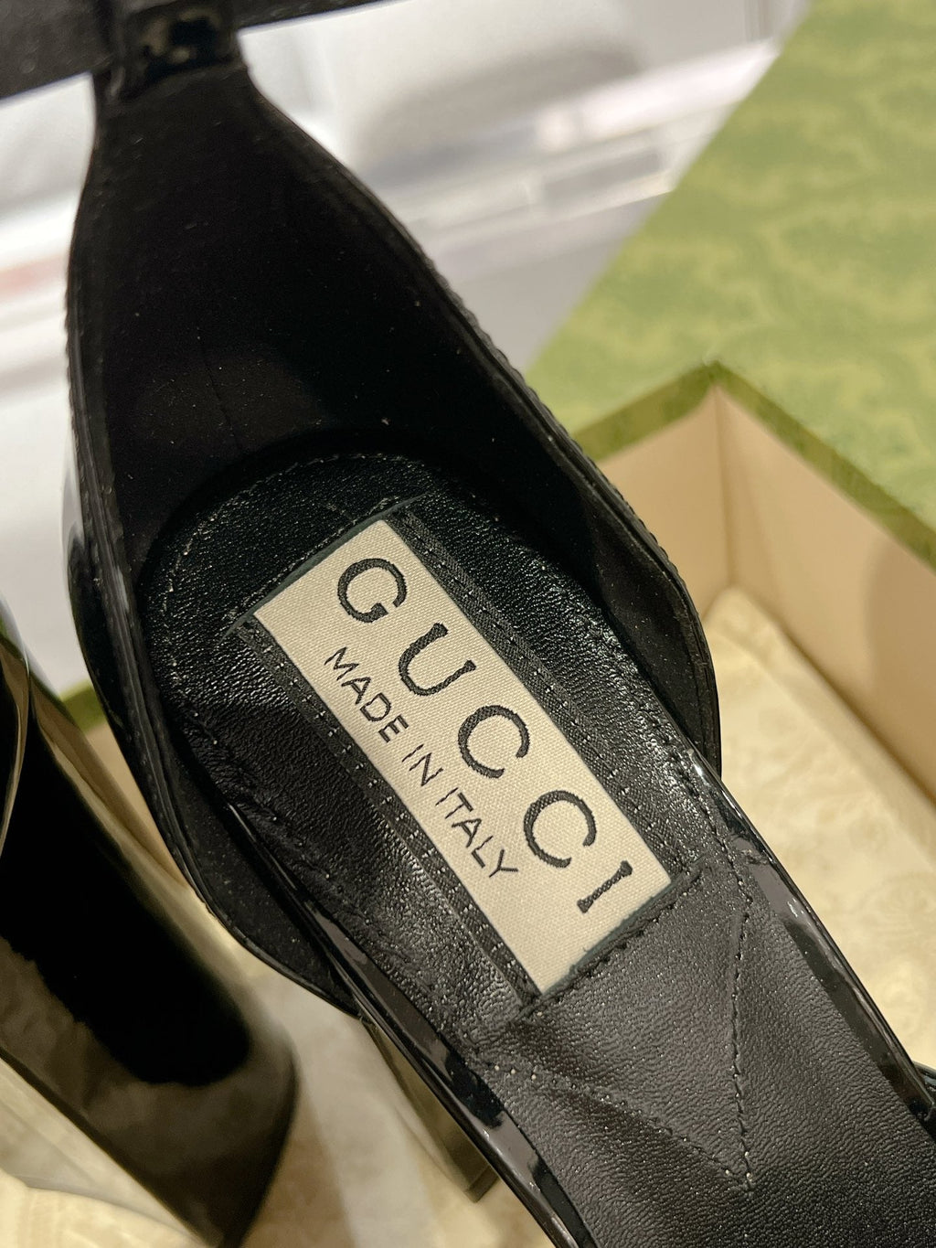 GUCCI CRYSTALS PLATFORM PUMPS BLACK CALFSKIN