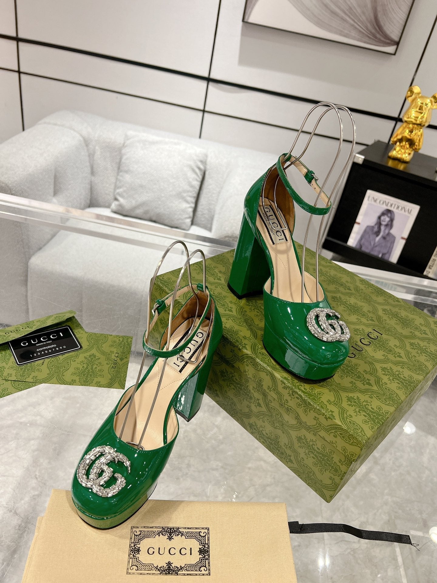 GUCCI CRYSTALS PLATFORM PUMPS JADE GREEN CALFSKIN