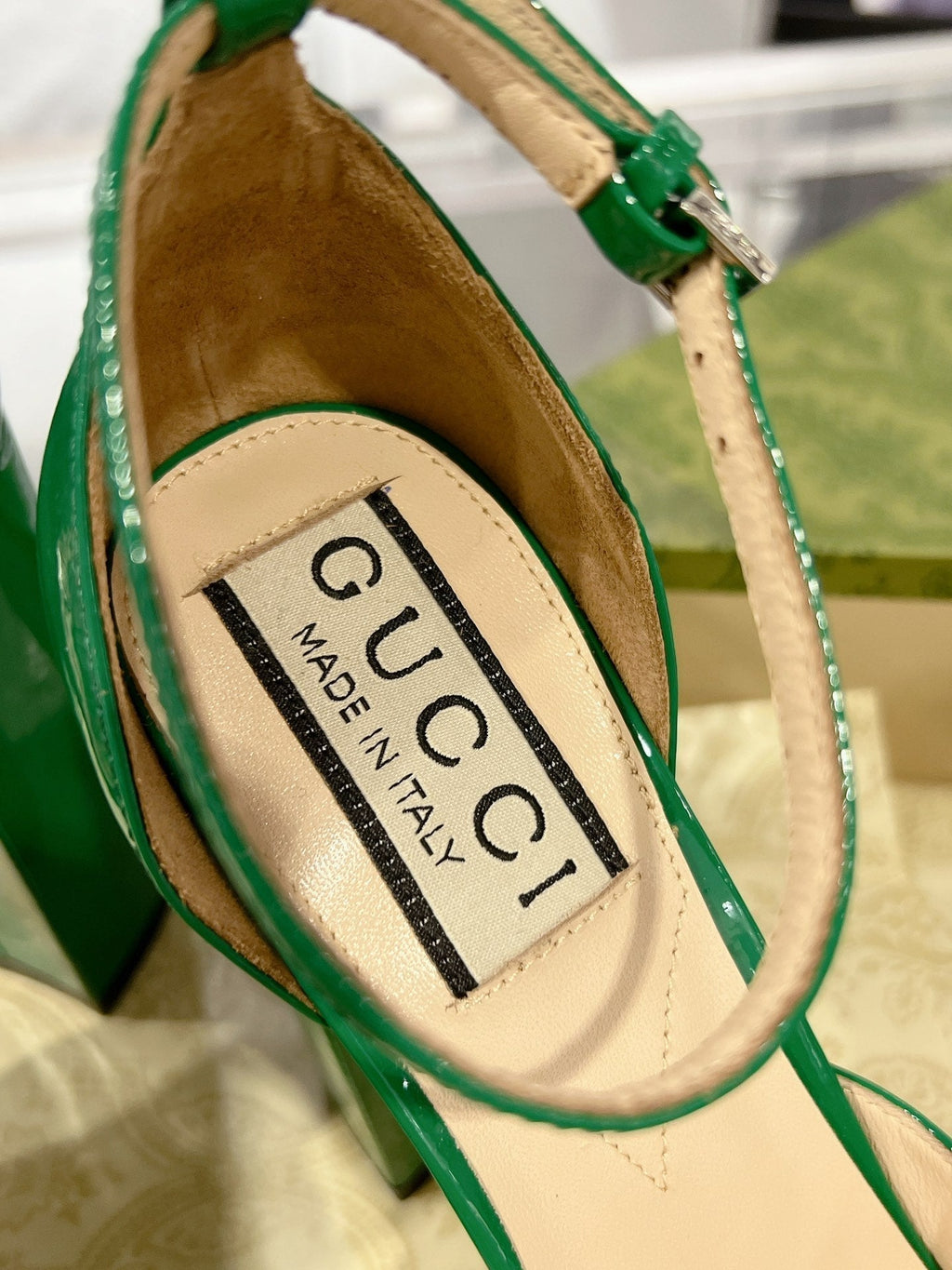 GUCCI CRYSTALS PLATFORM PUMPS JADE GREEN CALFSKIN