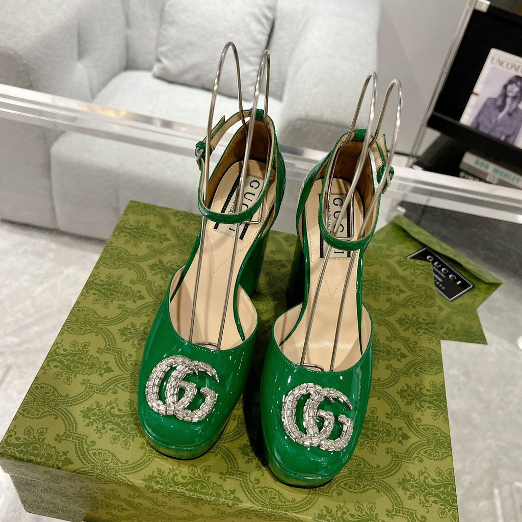 GUCCI CRYSTALS PLATFORM PUMPS JADE GREEN CALFSKIN