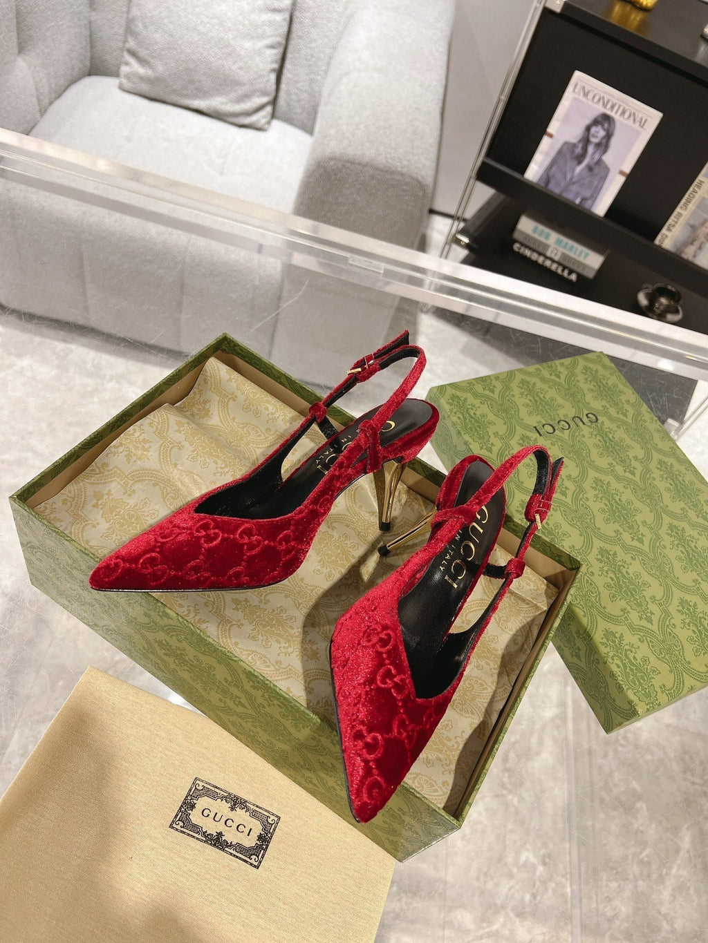 GUCCI SLINGBACK HIGH HEEL PUMP CHERRY VELVET