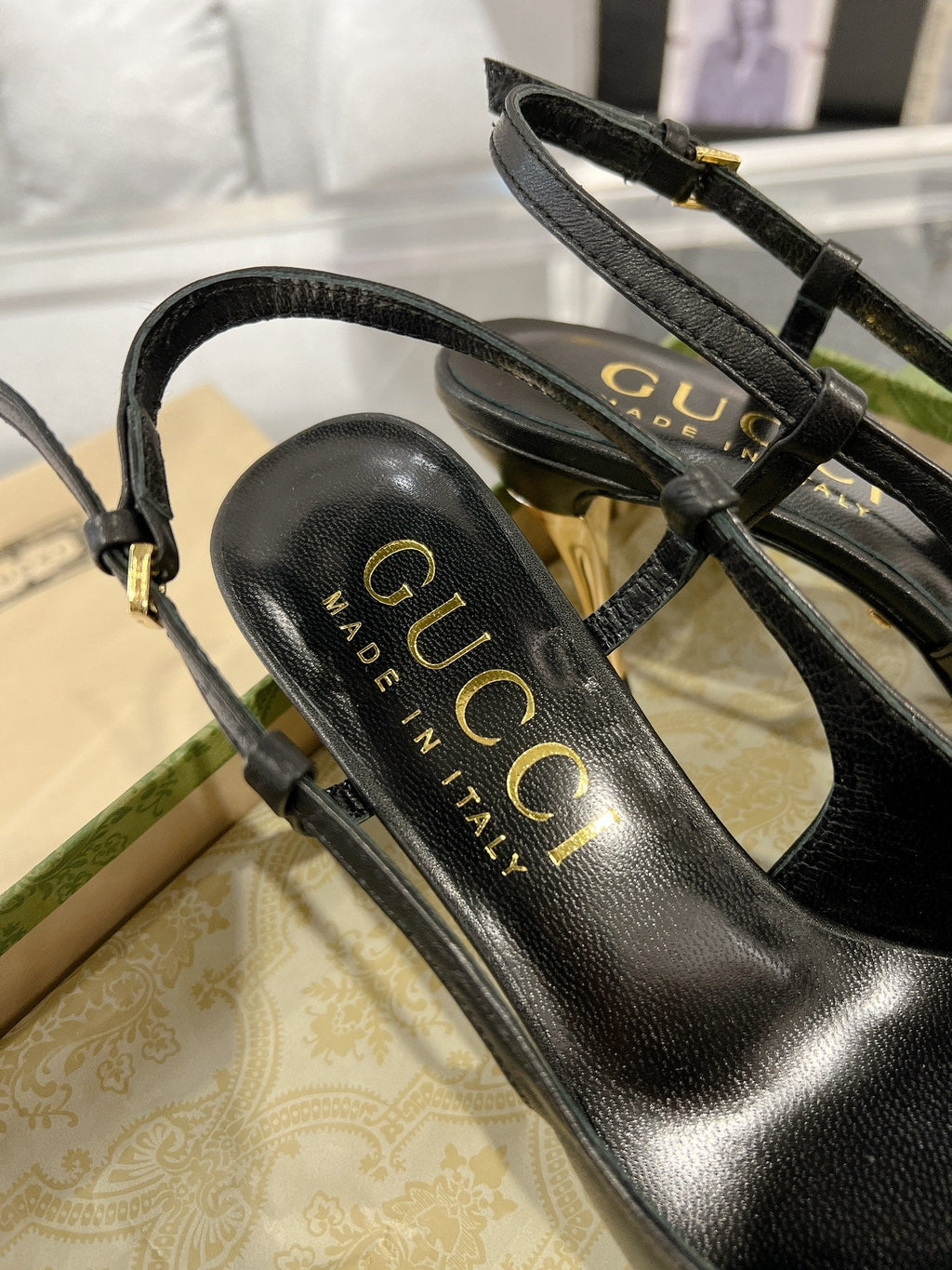 GUCCI SLINGBACK HIGH HEEL PUMP BLACK CALFSKIN
