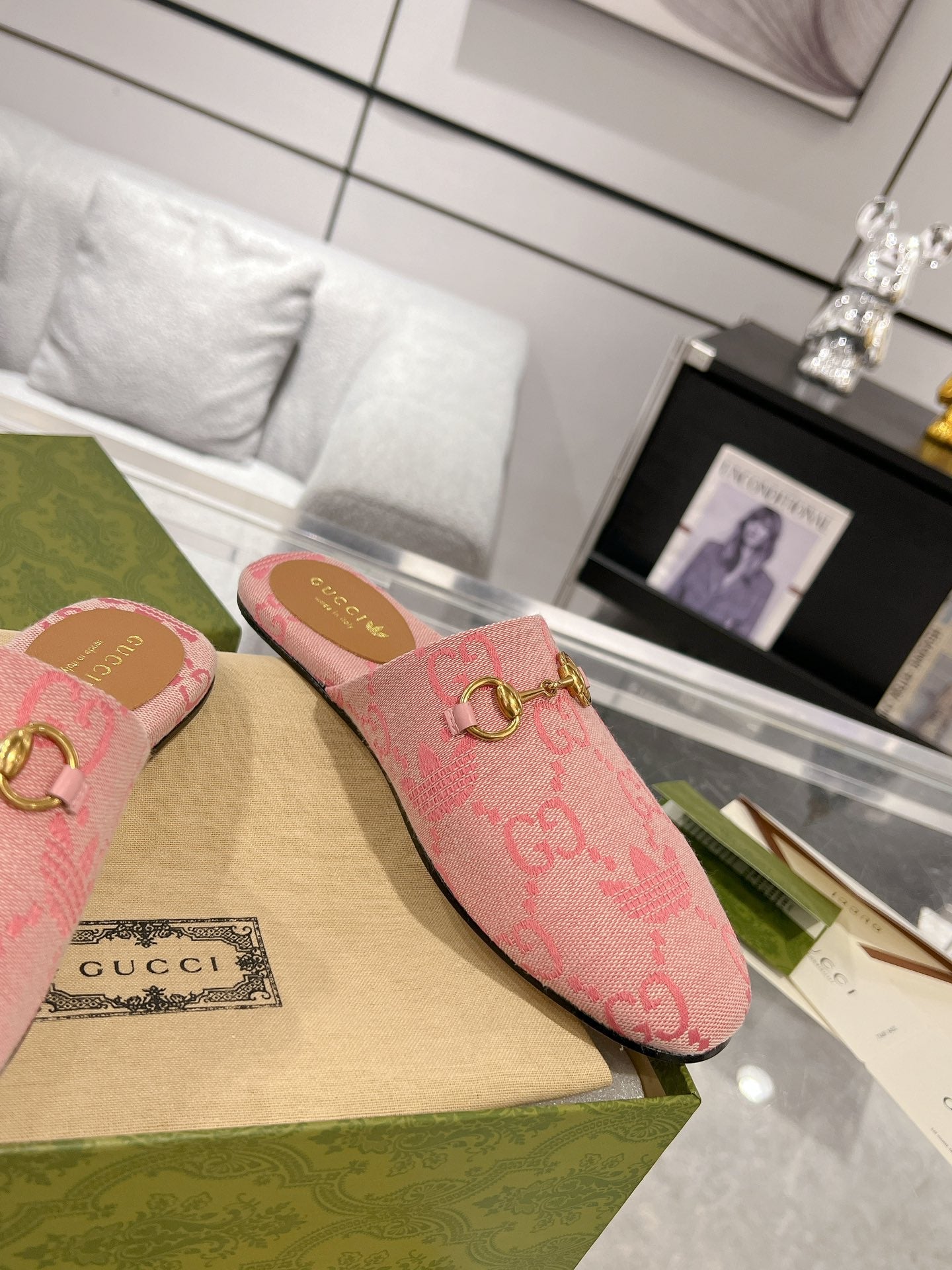 GUCCI & ADIDAS MULE HORSEBIT BUCKLE LIGHT PINK CANVAS