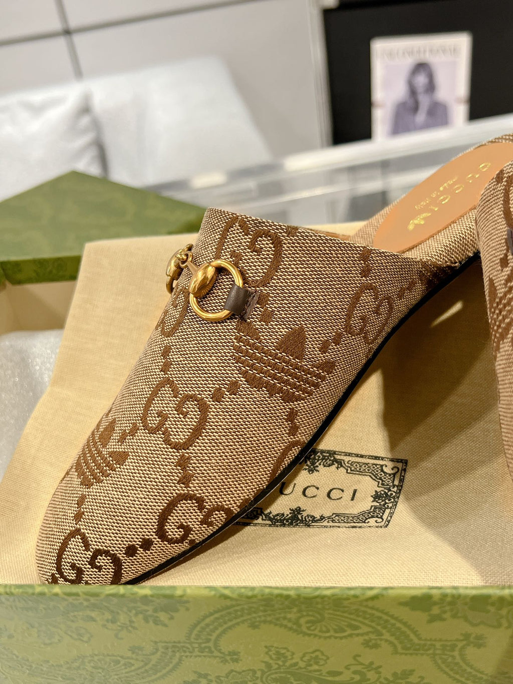 GUCCI & ADIDAS MULE HORSEBIT BUCKLE LIGHT BROWN CANVAS