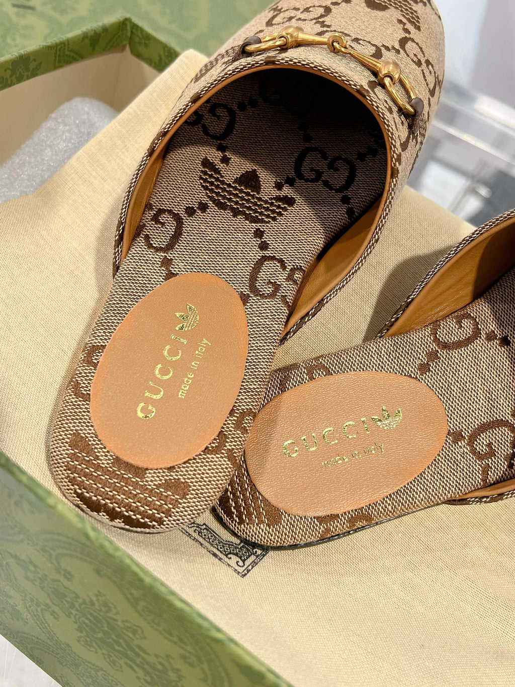 GUCCI & ADIDAS MULE HORSEBIT BUCKLE LIGHT BROWN CANVAS