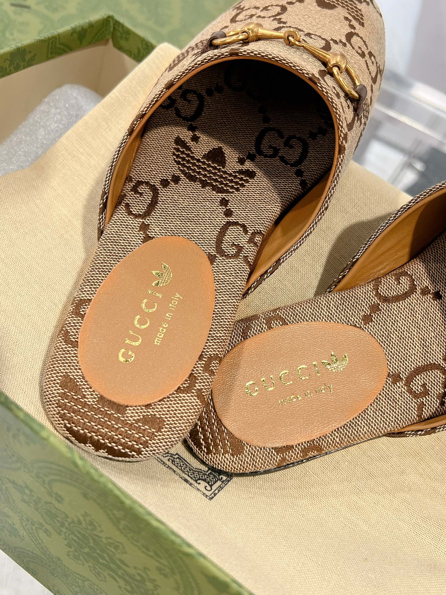 GUCCI & ADIDAS MULE HORSEBIT BUCKLE LIGHT BROWN CANVAS