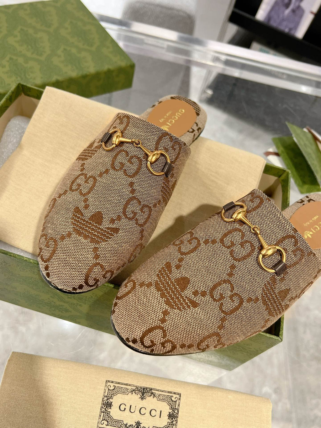 GUCCI & ADIDAS MULE HORSEBIT BUCKLE LIGHT BROWN CANVAS