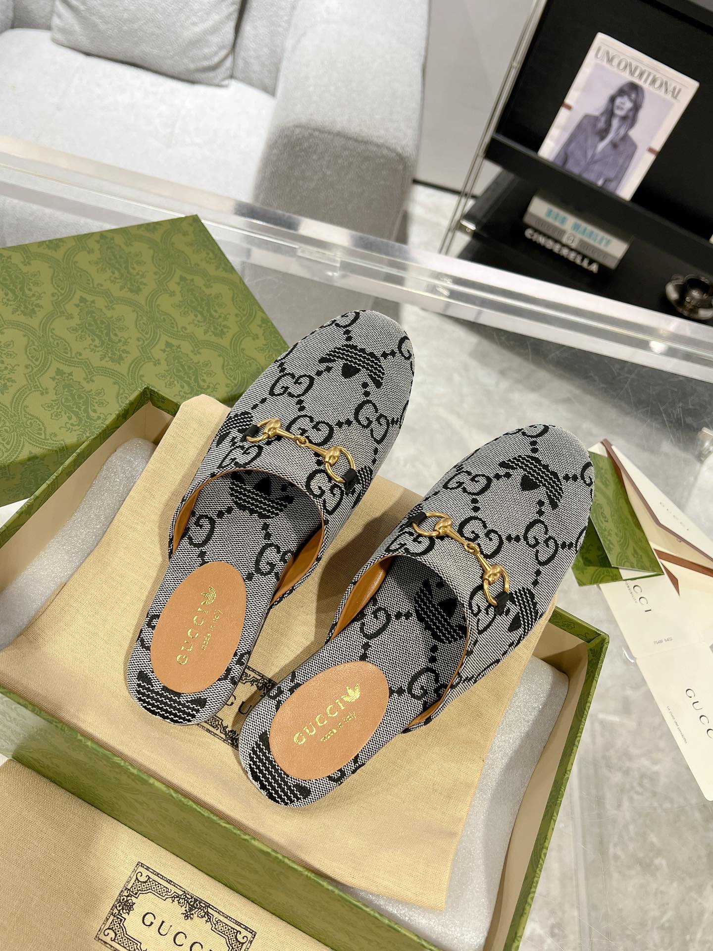 GUCCI & ADIDAS MULE HORSEBIT BUCKLE LIGHT GRAY CANVAS