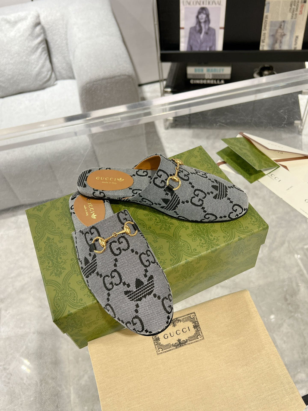 GUCCI & ADIDAS MULE HORSEBIT BUCKLE LIGHT GRAY CANVAS
