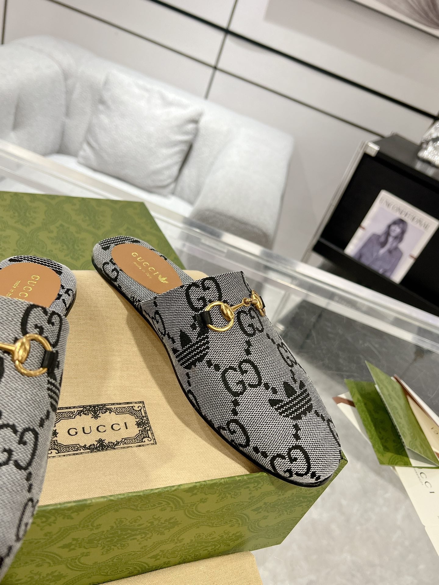 GUCCI & ADIDAS MULE HORSEBIT BUCKLE LIGHT GRAY CANVAS