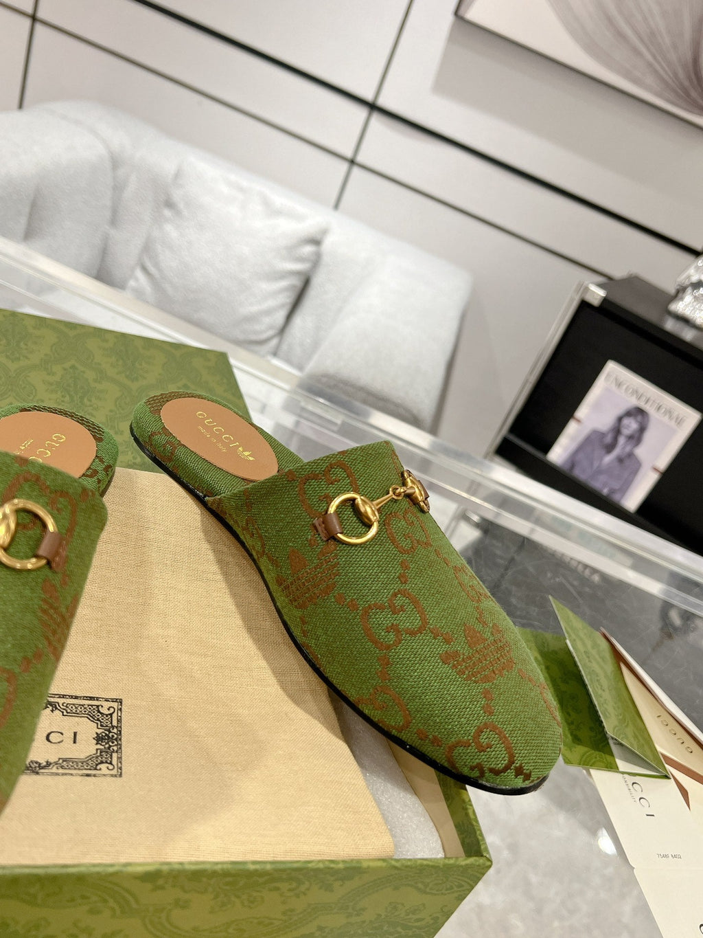 GUCCI & ADIDAS MULE HORSEBIT BUCKLE OLIVE CANVAS