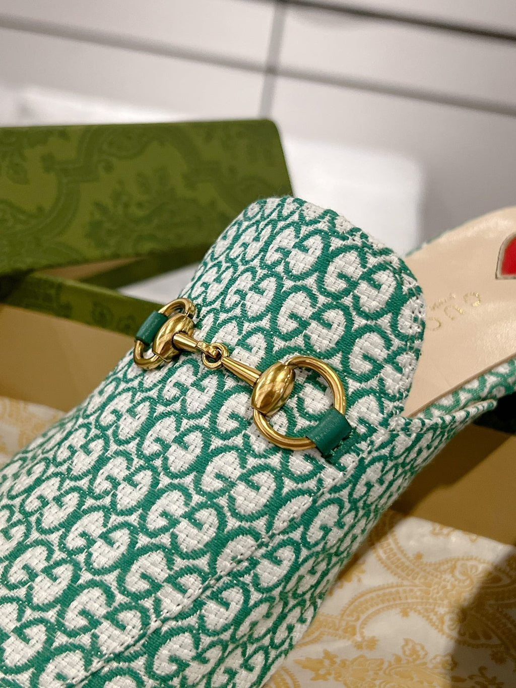 GUCCI MEN'S MULE WITH HORSEBIT IN MINT GREEN MONOGRAM JACQUARD FABRIC