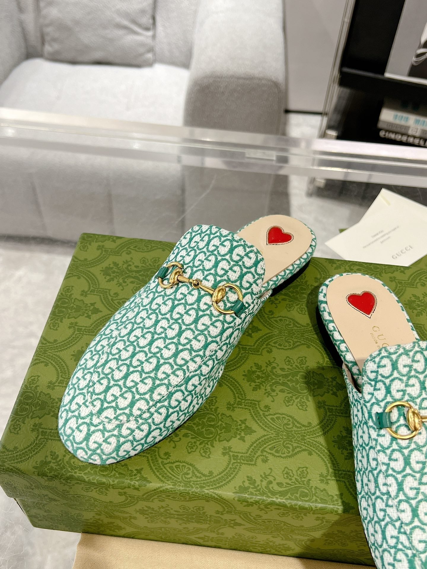 GUCCI MEN'S MULE WITH HORSEBIT IN MINT GREEN MONOGRAM JACQUARD FABRIC