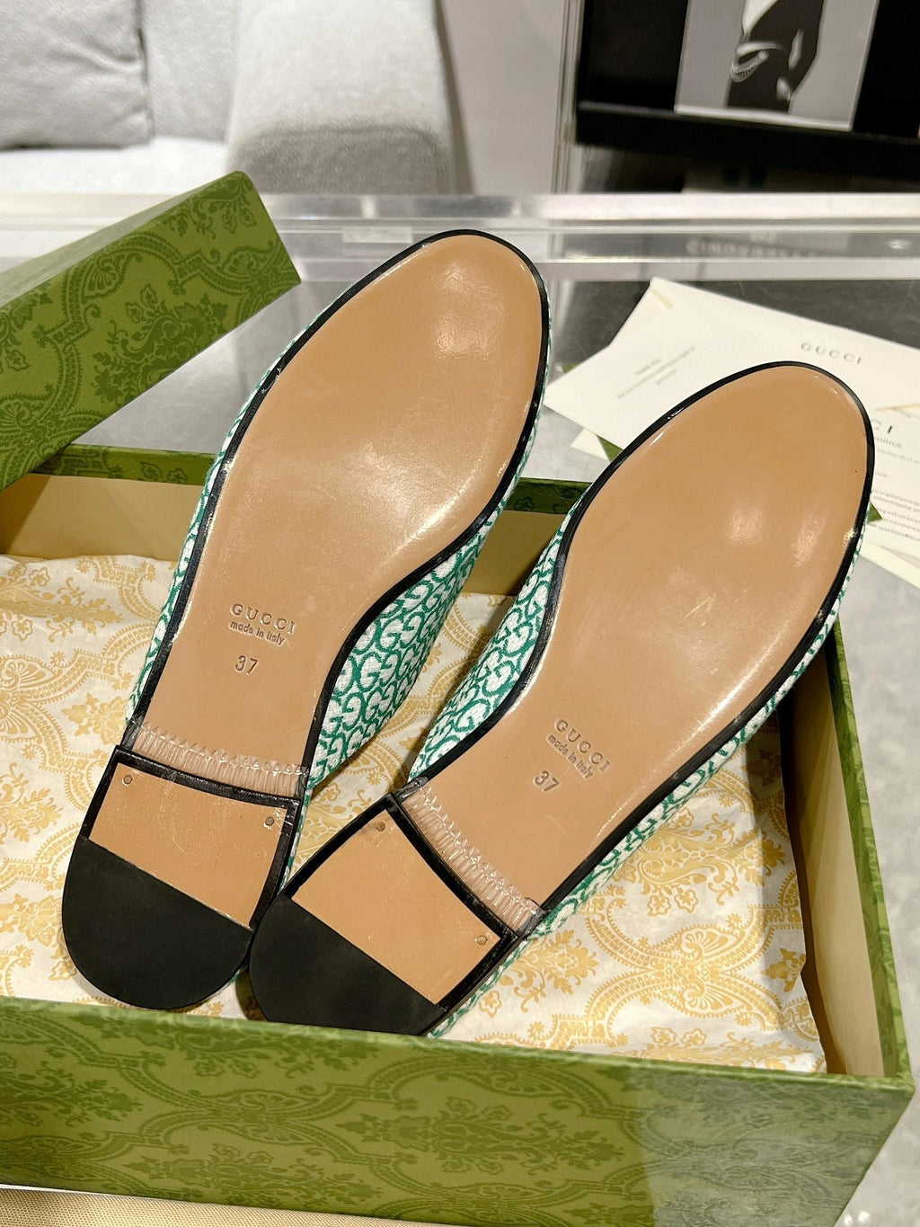 GUCCI MEN'S MULE WITH HORSEBIT IN MINT GREEN MONOGRAM JACQUARD FABRIC