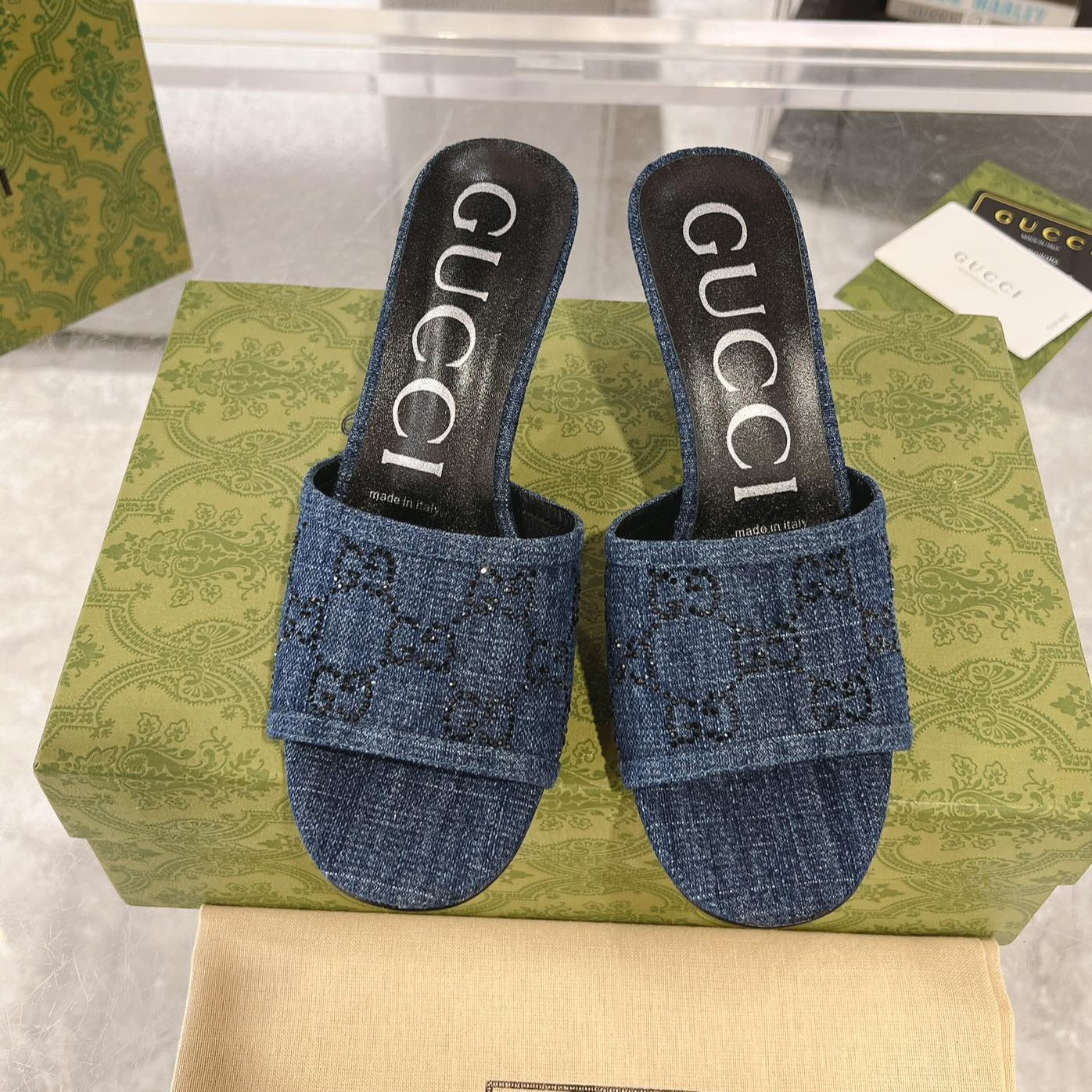 GUCCI CRYSTALS HIGH SANDAL DENIM CANVAS