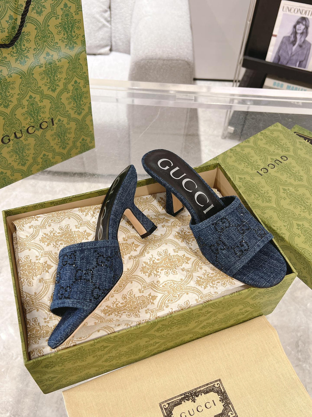 GUCCI CRYSTALS HIGH SANDAL DENIM CANVAS